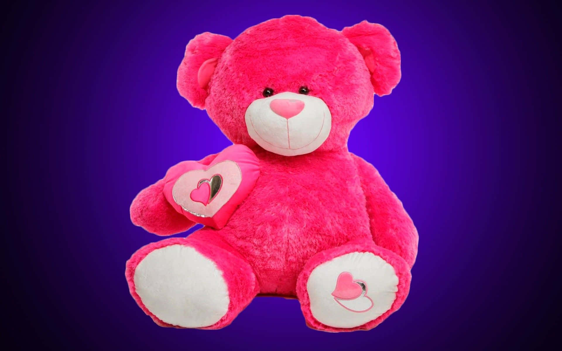 pink teddy bear, heart-shaped pillow, gradient purple background, Full HD Desktop Wallpaper