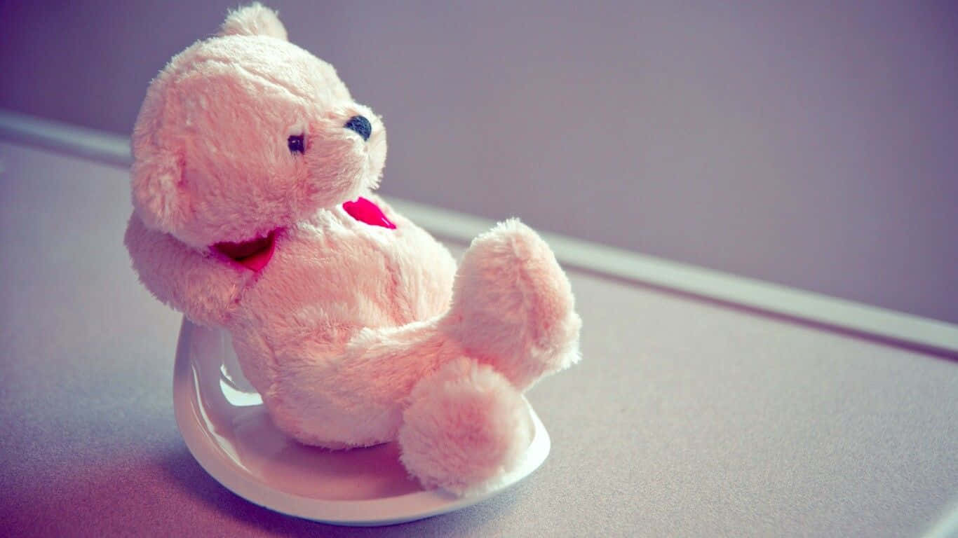 pink teddy bear, white saucer, muted purple wall, HD Desktop Wallpaper