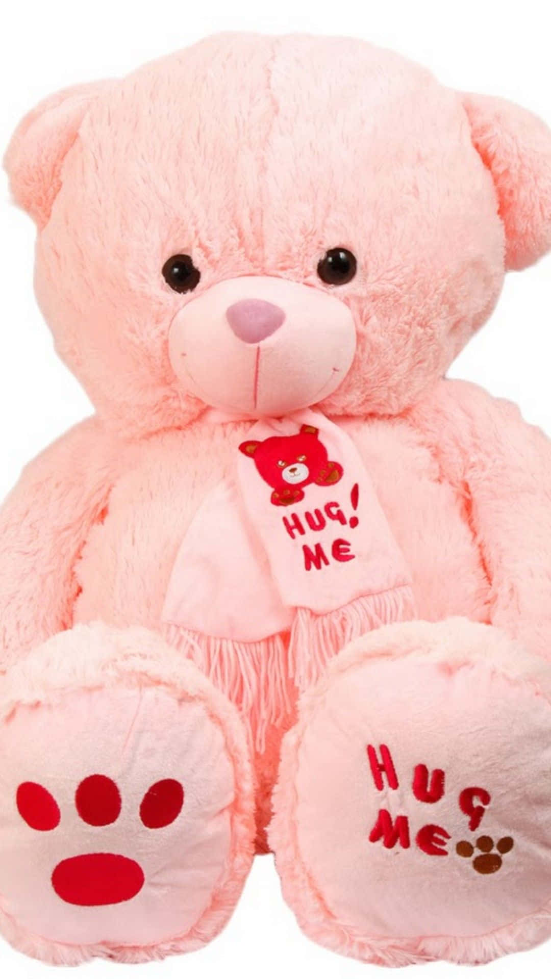 pink teddy bear, fringed scarf, embroidered paws, Full HD Phone Wallpaper