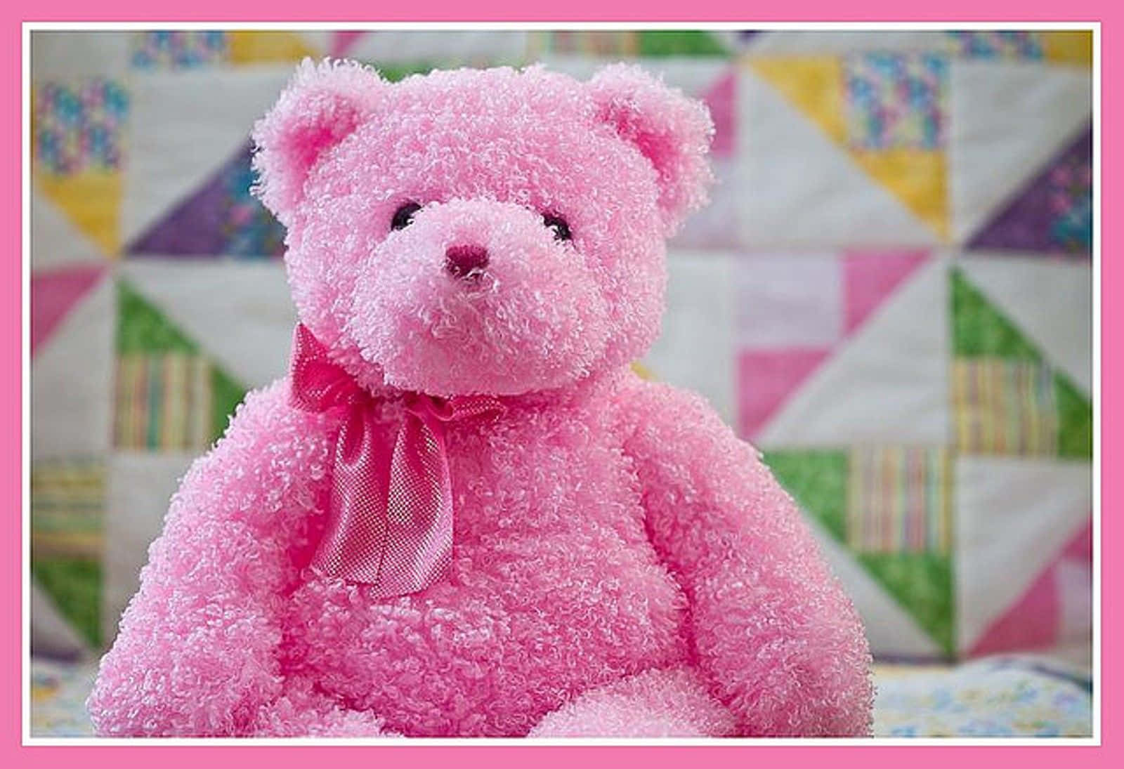 pink teddy bear, matching bow, colorful patchwork quilt background, HD Desktop Wallpaper