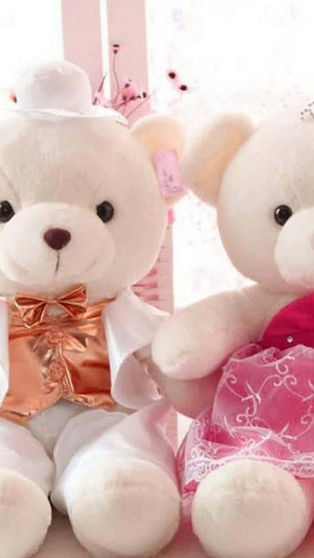 cute pink teddy bear couple, fluffy white teddy bears, wedding attire, Full HD Phone Wallpaper