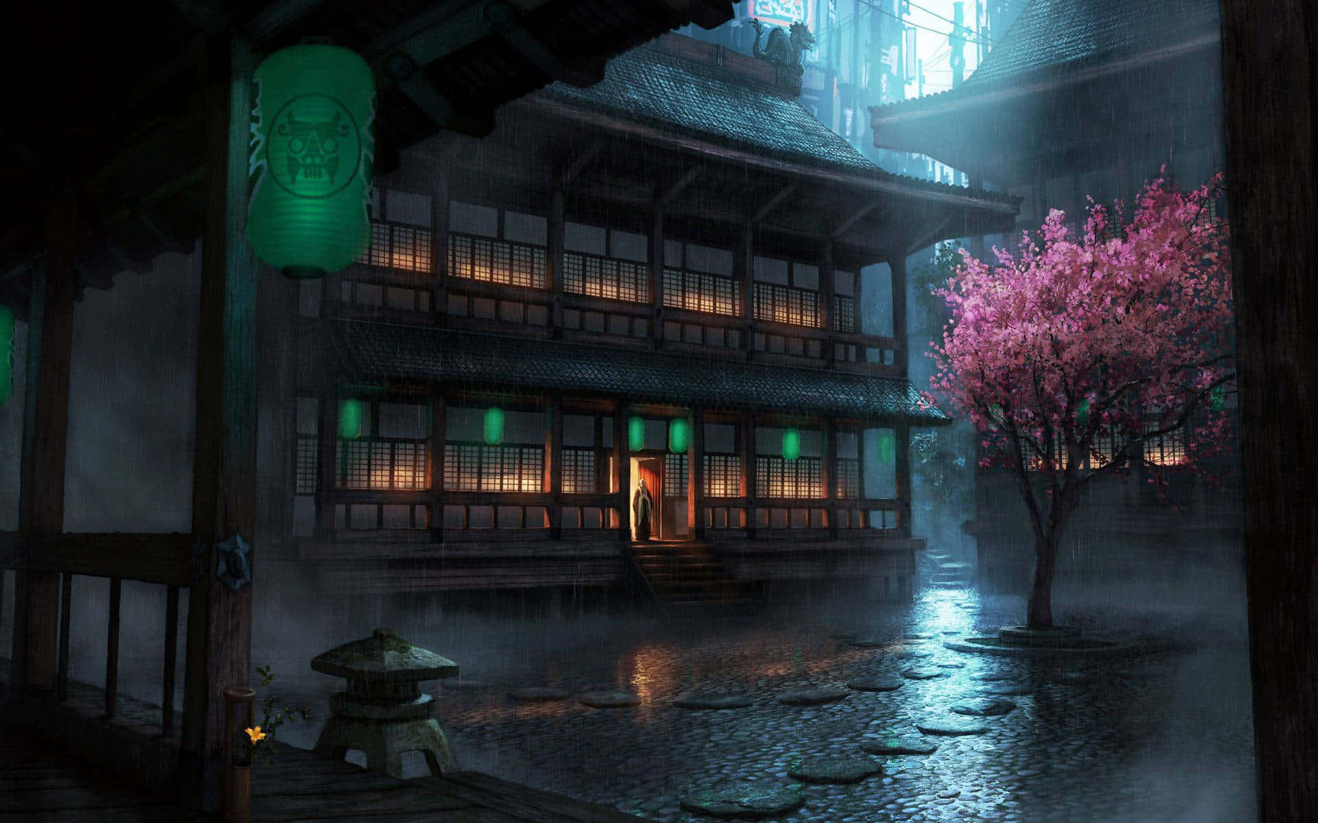 Japanese courtyard, cherry blossom tree, glowing lanterns, Full HD Desktop Wallpaper