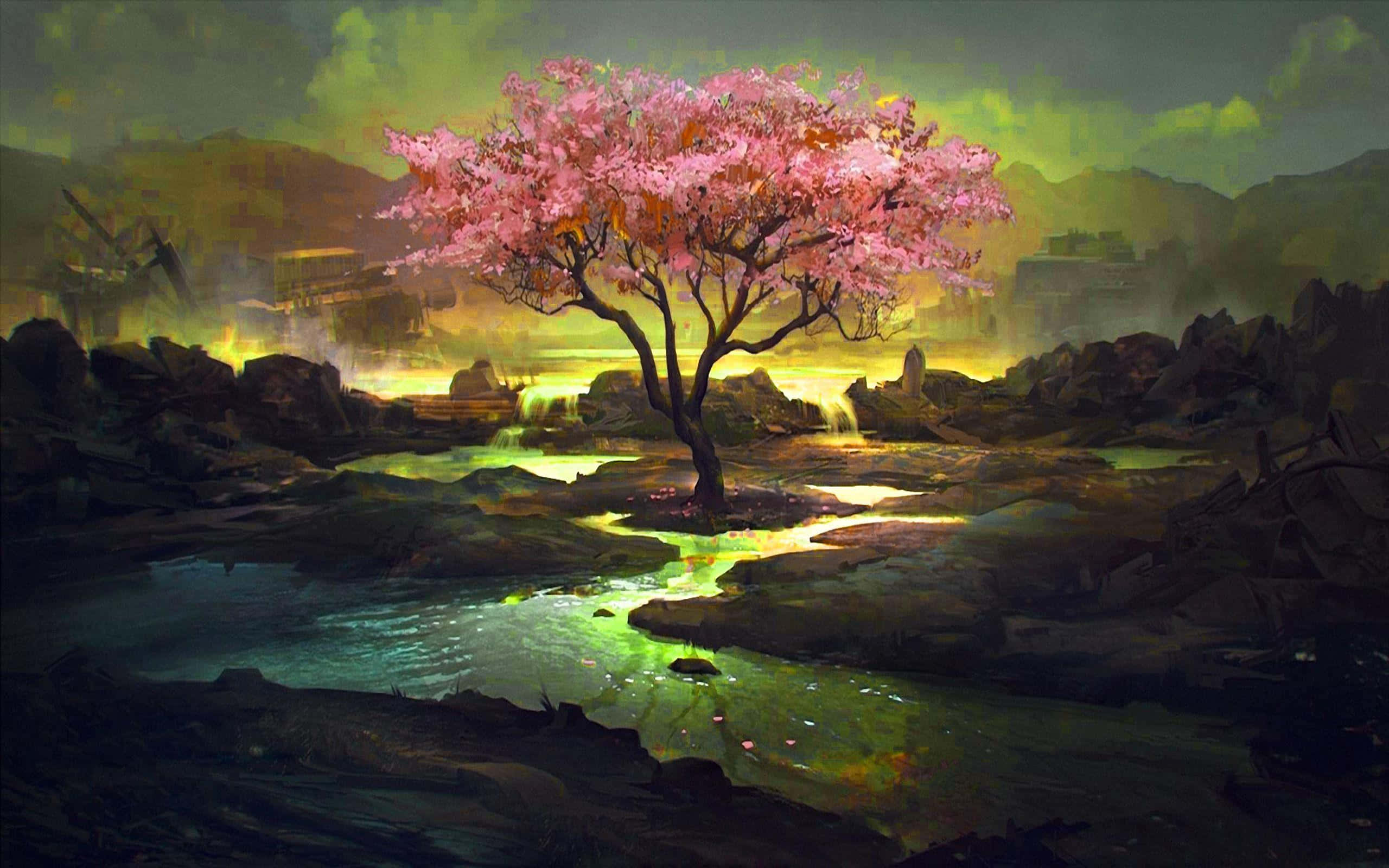 pink cherry blossom tree, glowing stream, dark rocks, 2K Desktop Wallpaper