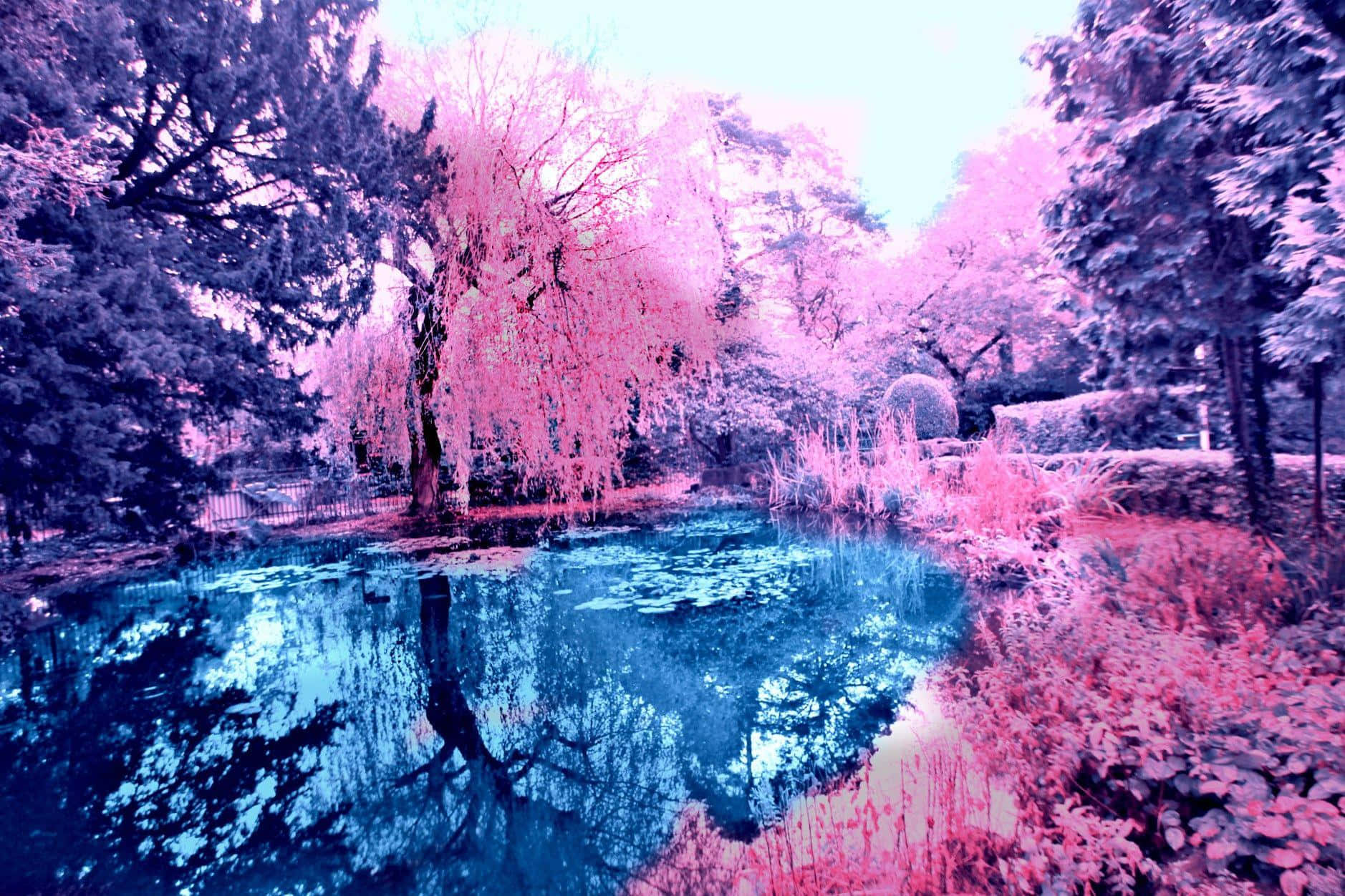 Pink Trees, Blue Pond, surreal pink and blue infrared filter glow, HD Desktop Wallpaper