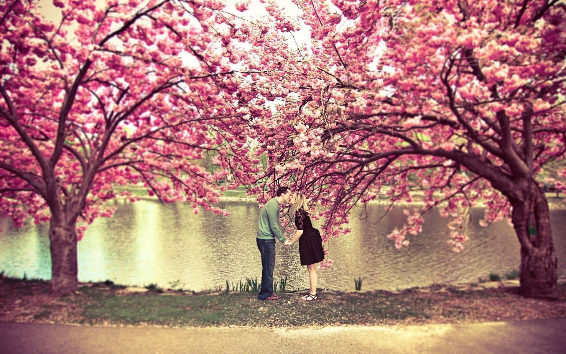 pink trees, vibrant pink cherry blossoms, calm lake, Full HD Desktop Wallpaper