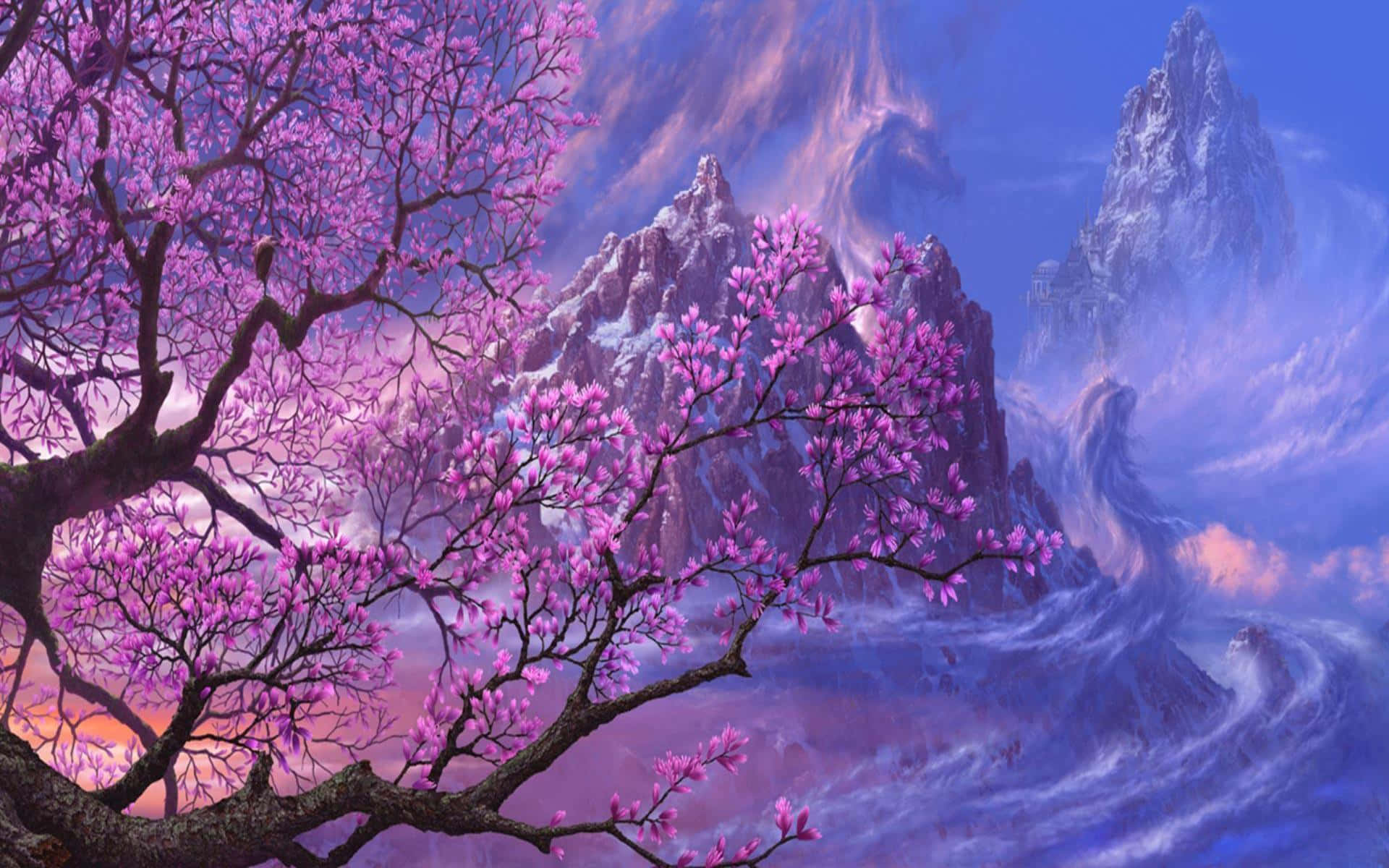 pink trees, summer, vibrant purple cherry blossoms, Full HD Desktop Wallpaper
