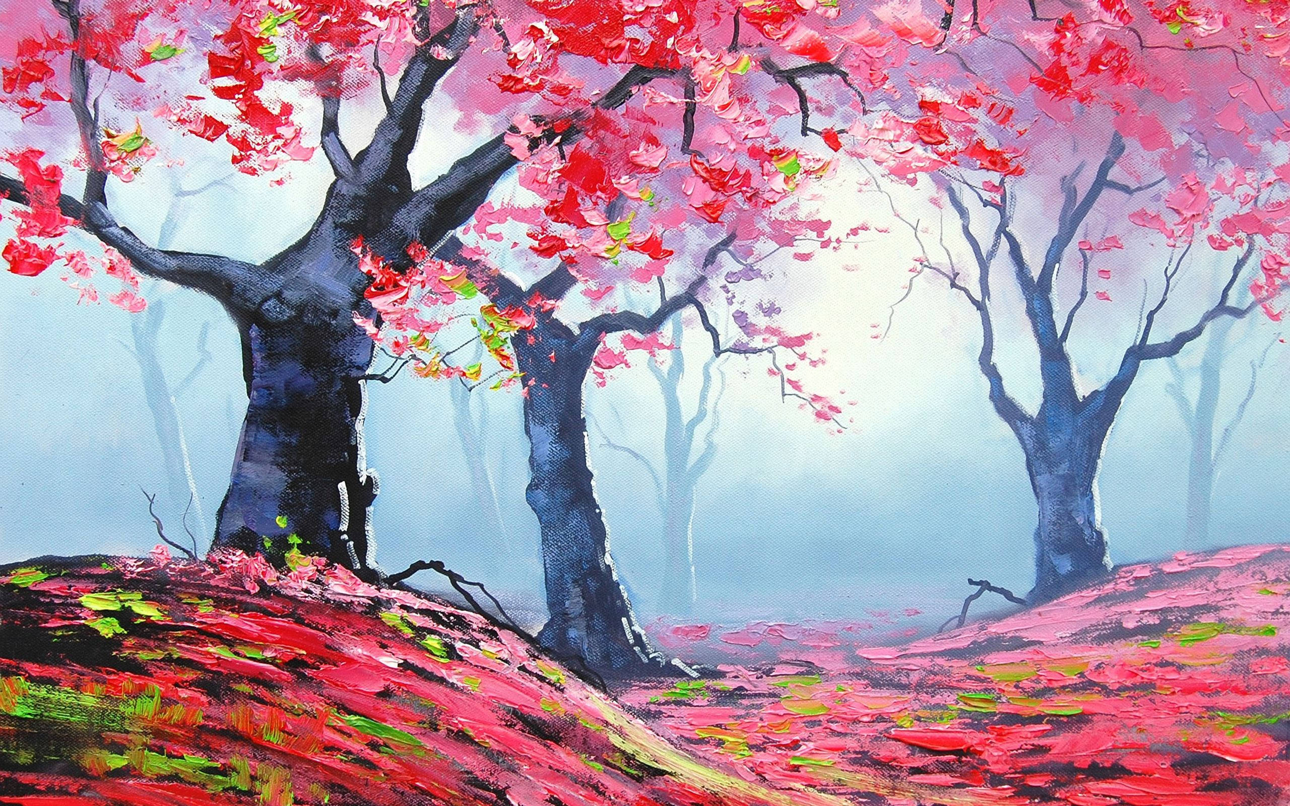 Pink Trees, cherry blossoms, dark gnarled trees, 2K Desktop Wallpaper