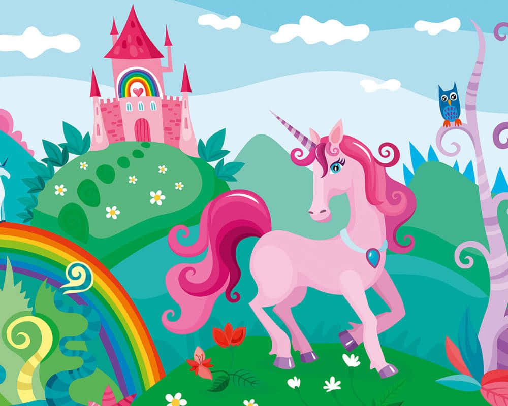 Pink Unicorn, Starry Night Sky, rainbow castle, SD Desktop Wallpaper