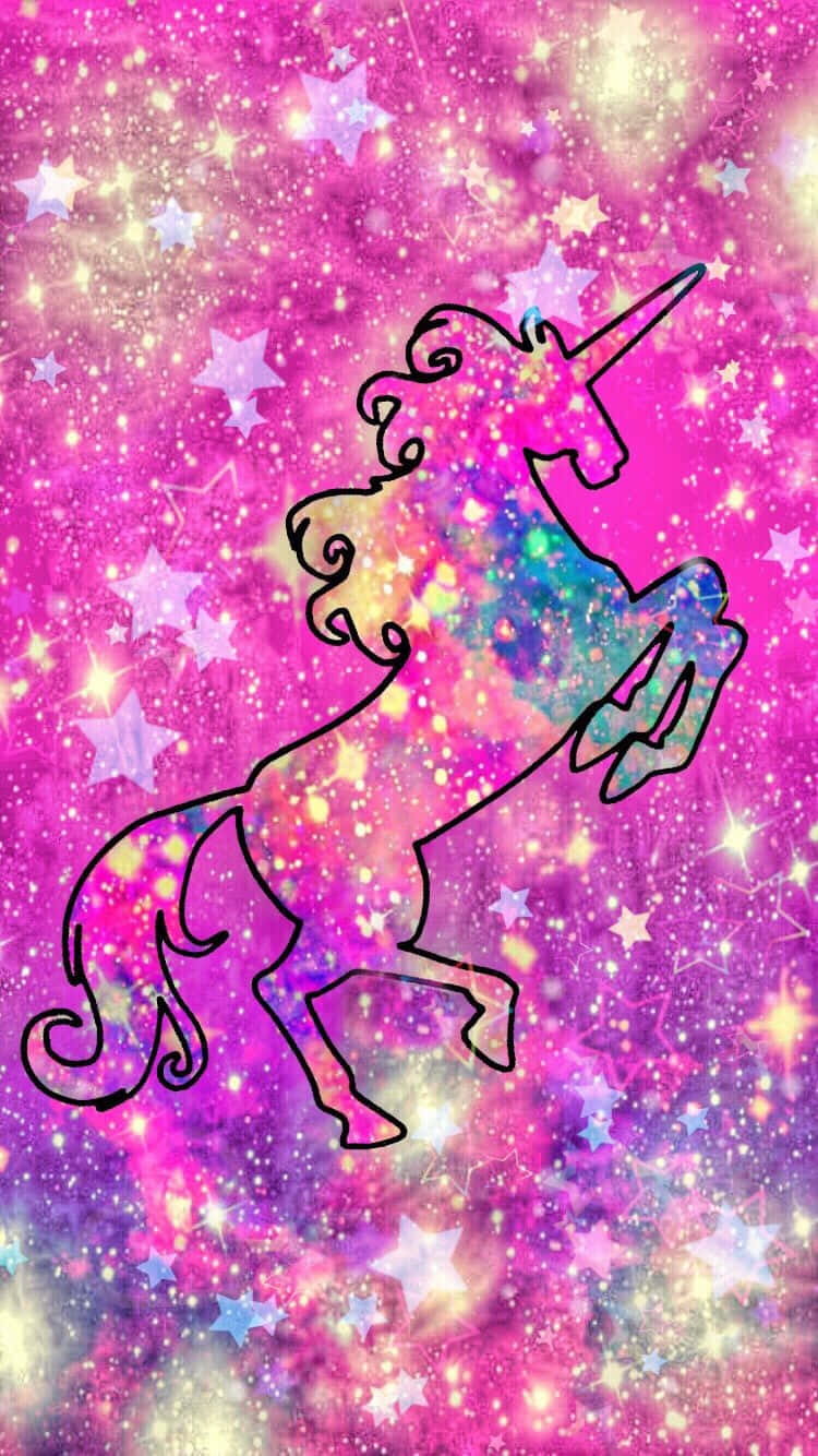 pink unicorn, black outlined unicorn, sparkling pink galaxy, HD Phone Wallpaper