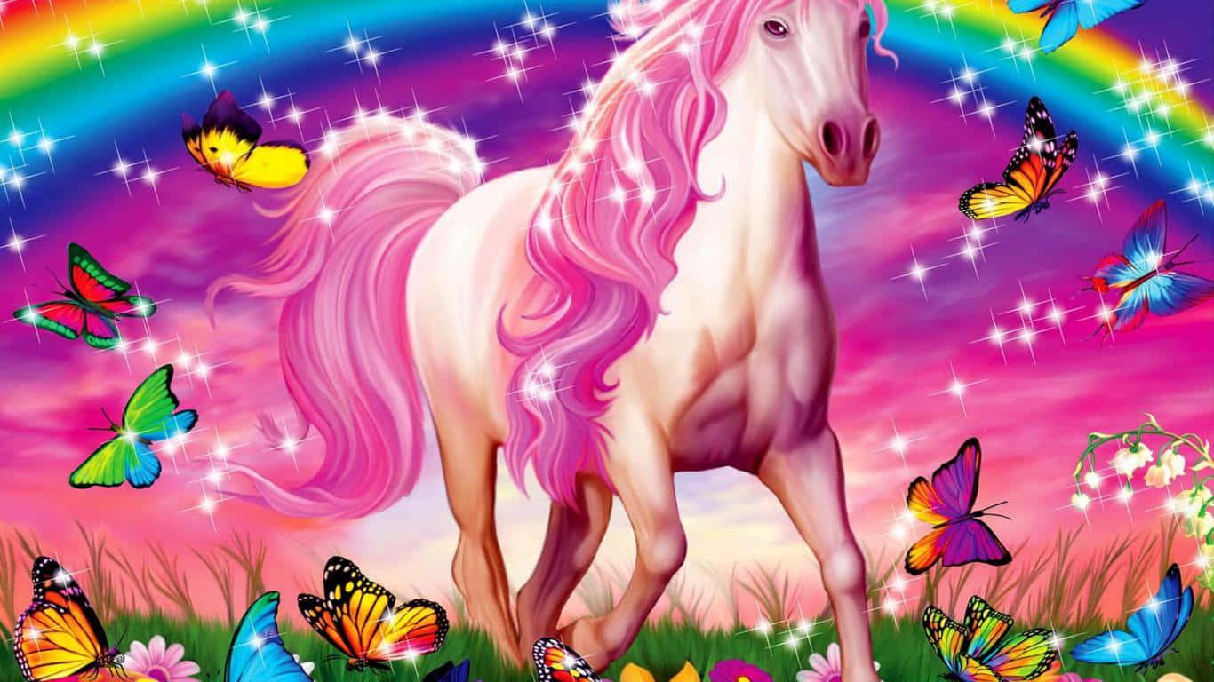pink unicorn, vibrant meadow, sparkling rainbow, HD Desktop Wallpaper