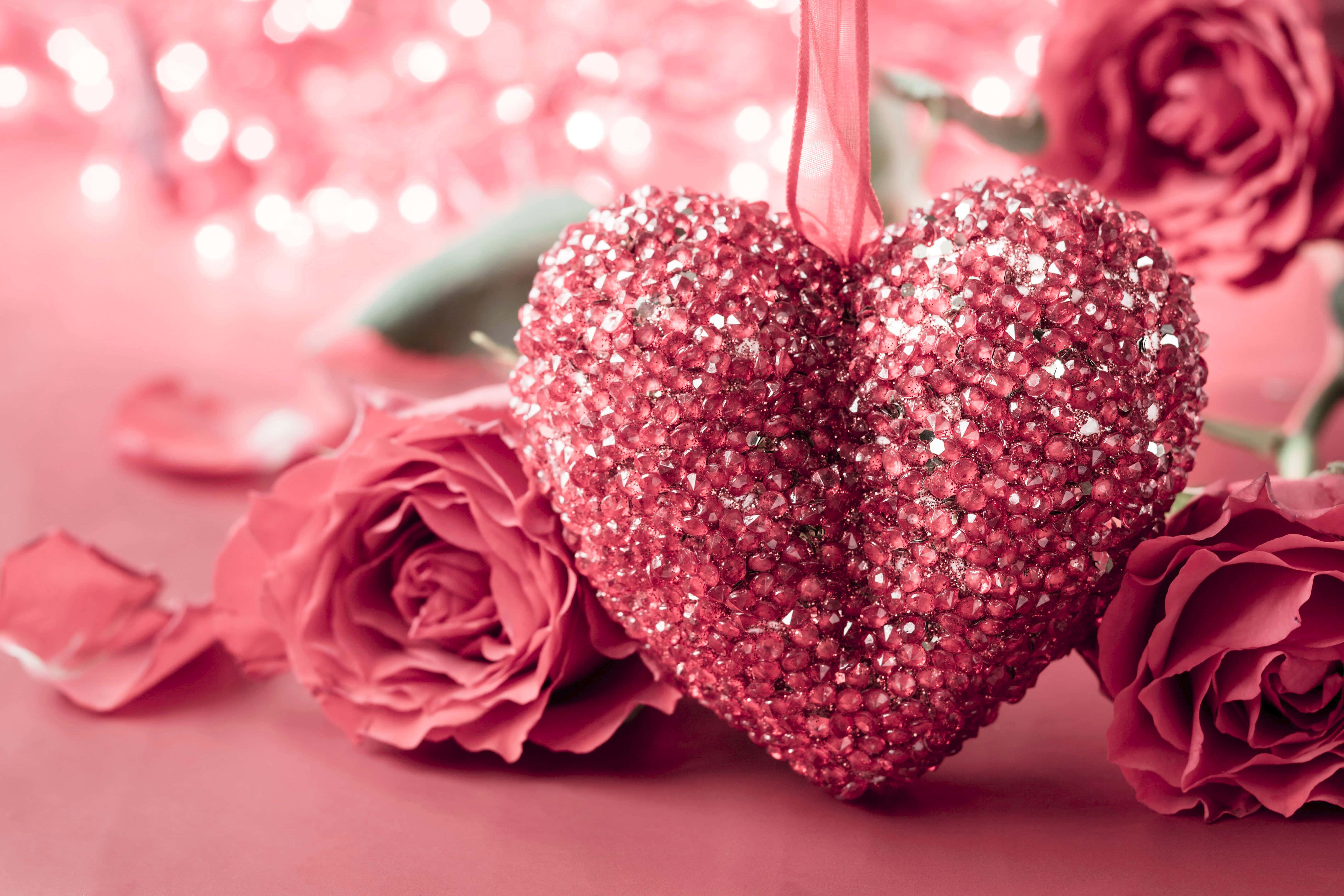 Pink Valentine Day, glittering pink heart ornament, soft pink roses, 5K Desktop Wallpaper
