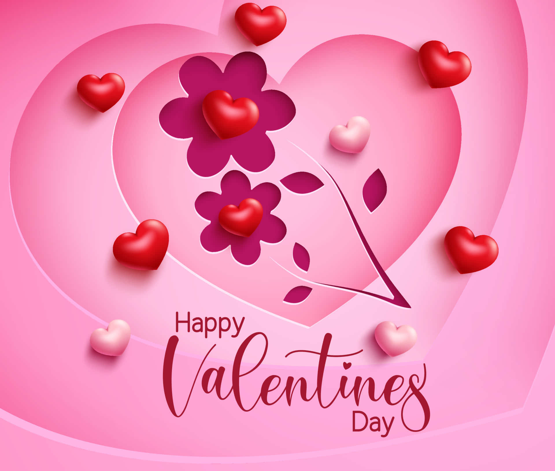 vibrant pink, glossy red hearts, purple blooms, Full HD Desktop Wallpaper