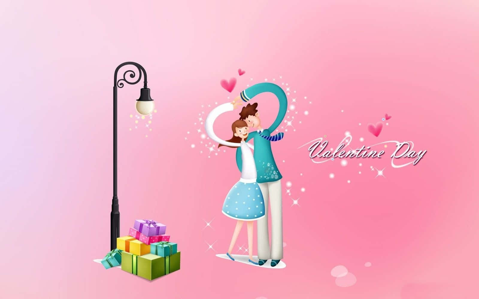 Pink Valentine Day, cartoon couple, heart shape, HD Desktop Wallpaper