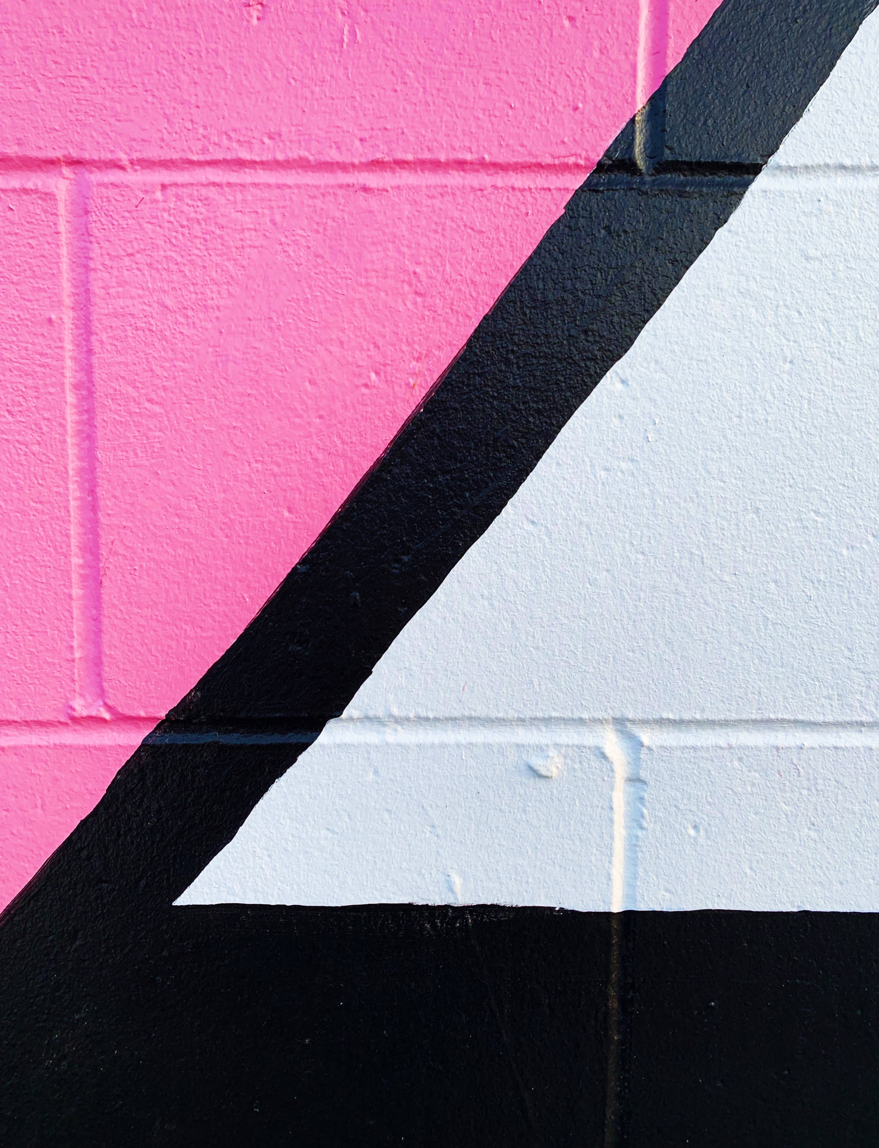 white and pink wall art, geometric mural, brick wall, 4K Phone Wallpaper