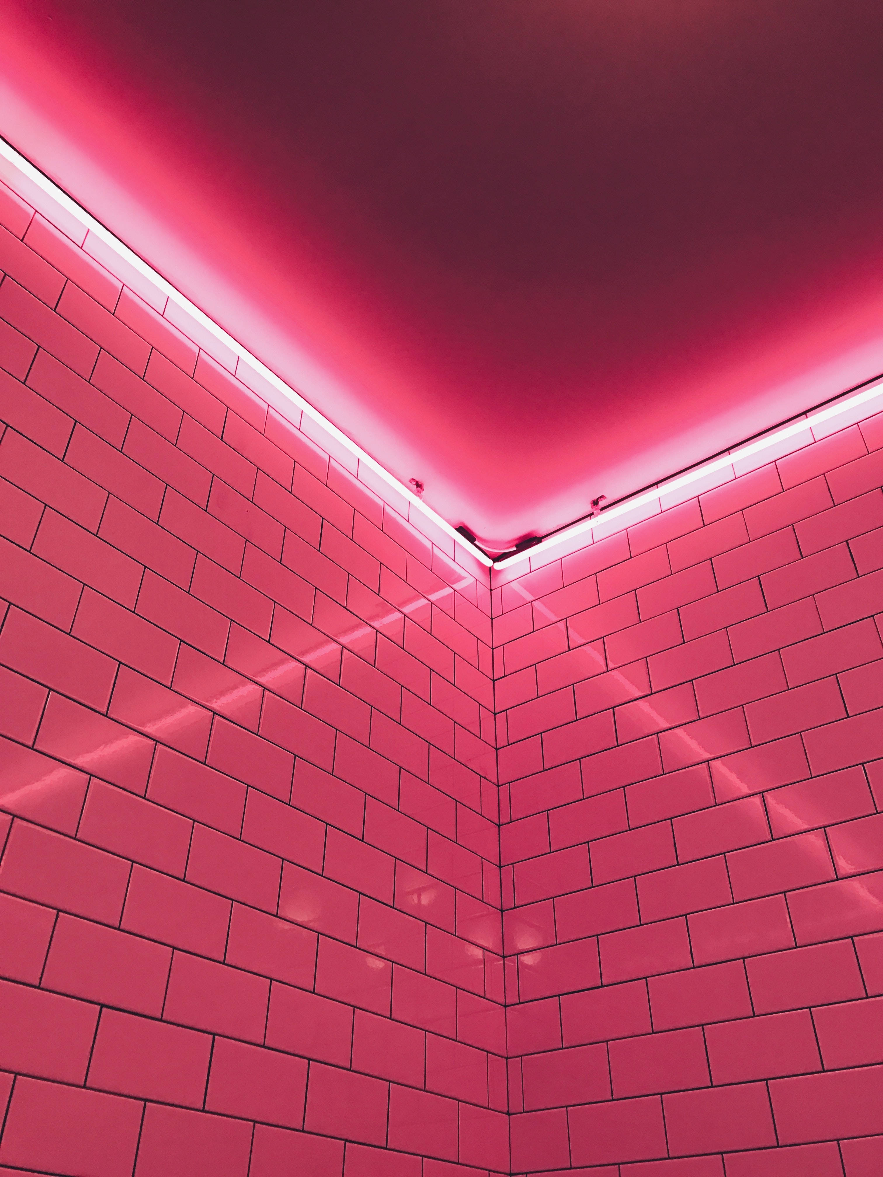 pink tiled walls, glowing pink neon lights, ceiling edge, 4K Phone Wallpaper