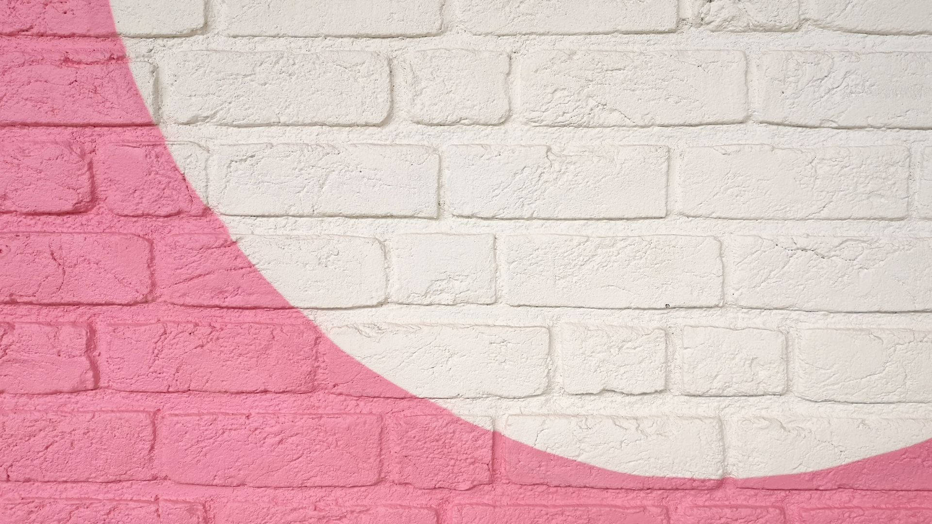 baby pink paint, white brick wall, bold pink curved paint design, Full HD Desktop Wallpaper