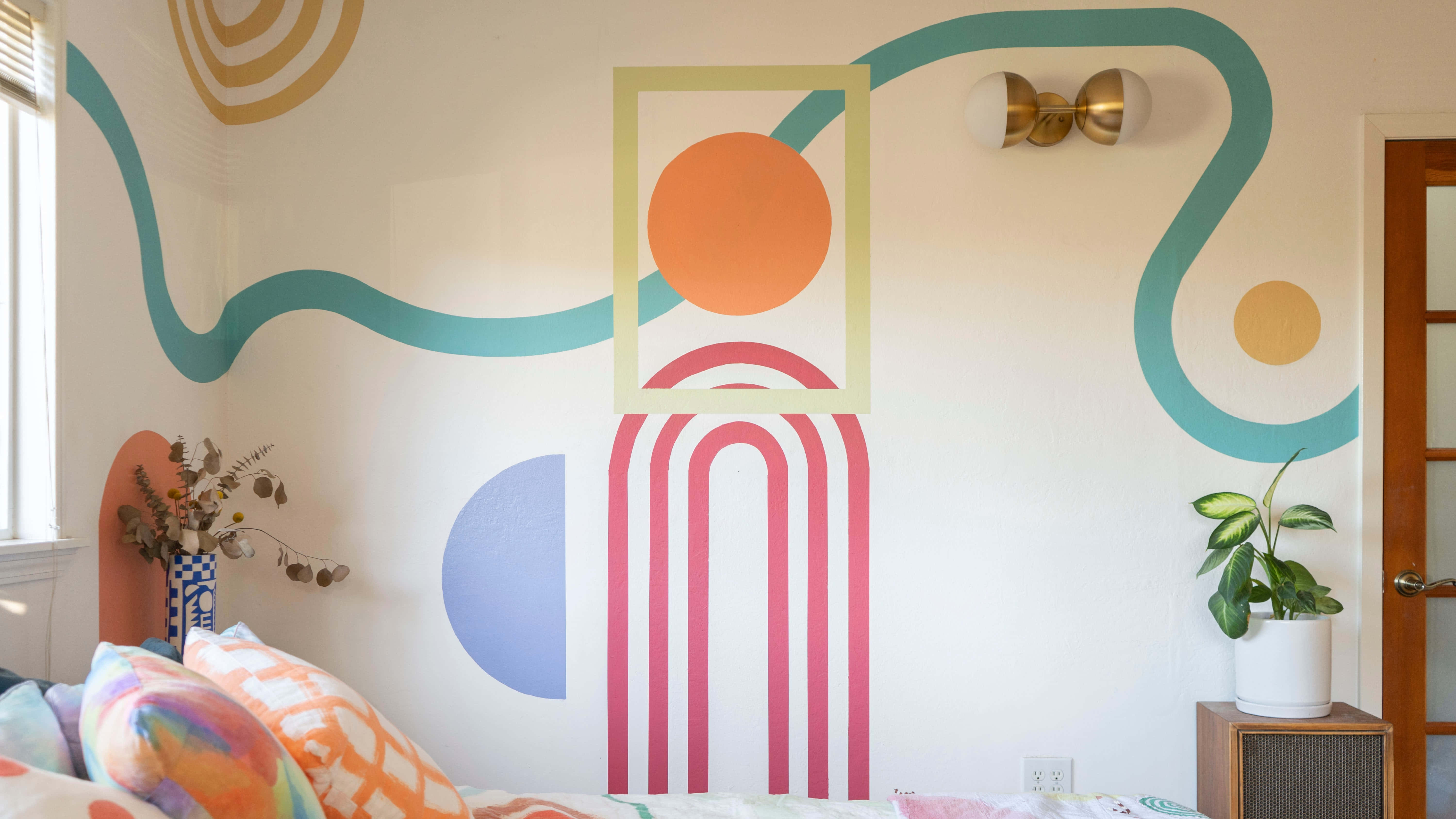 Pink Arch Wall Design, retro geometric mural, orange pink, 5K Desktop Wallpaper