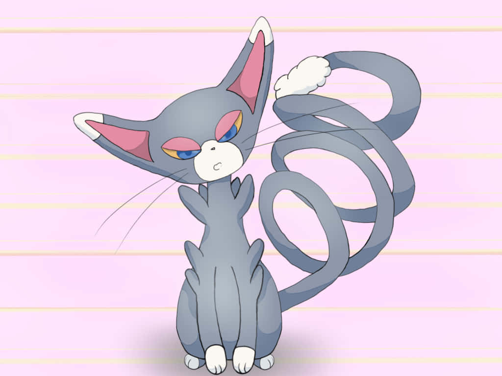 Glameow, pink striped background, gray anime cat, SD Desktop Wallpaper