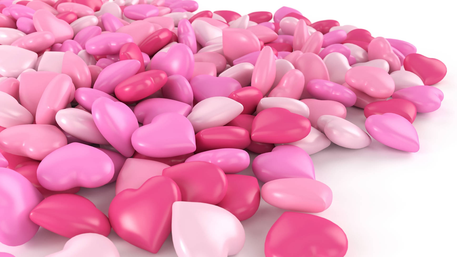 pink heart-shaped candies, glossy pink, white surface, Full HD Desktop Wallpaper