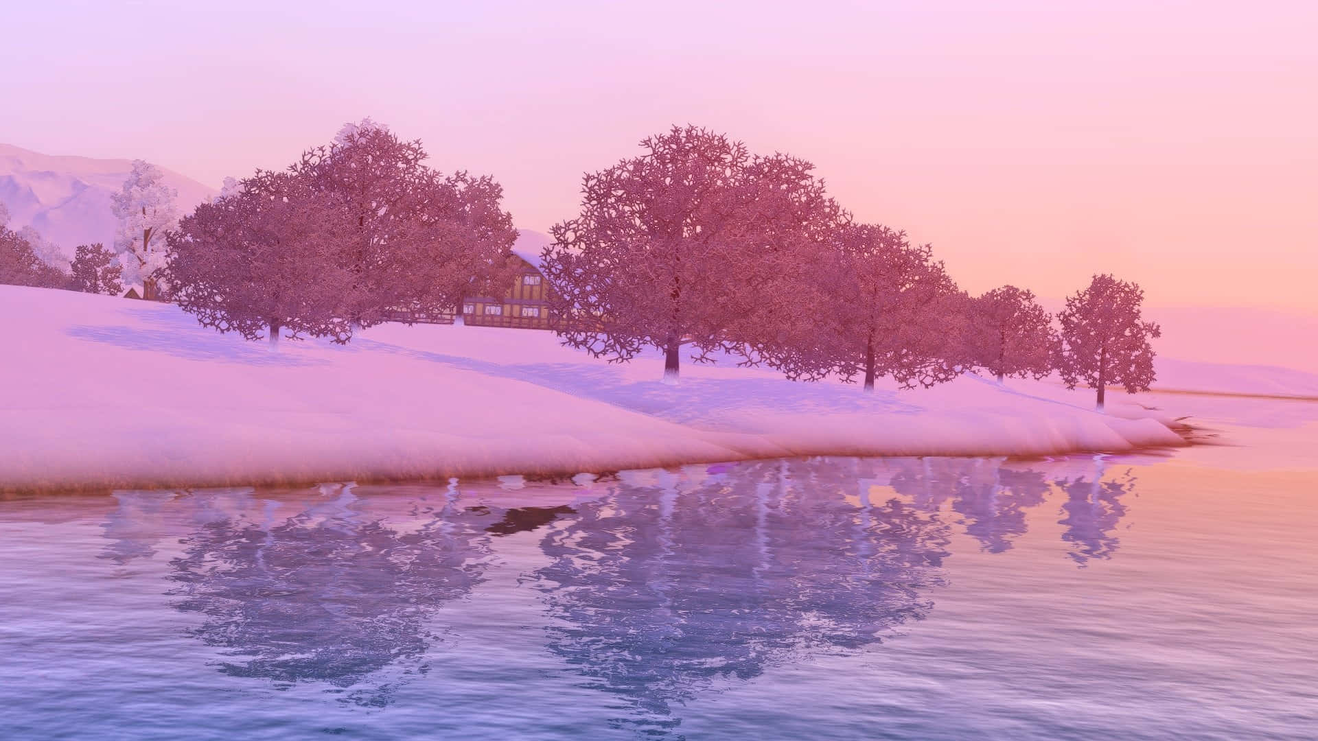 Pink Winter Aesthetic, snow, serene lakeside, Full HD Desktop Wallpaper