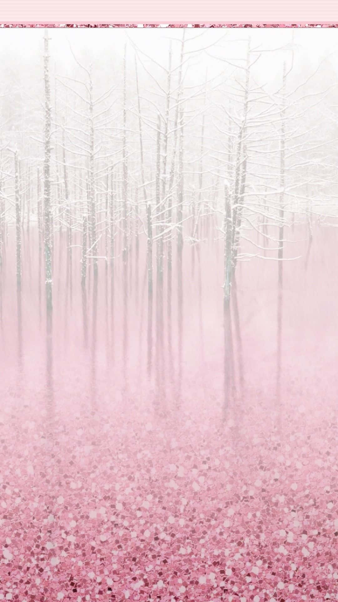 enchanted pink forest winter aesthetic, snow-covered trees, soft pink ground, Full HD Phone Wallpaper