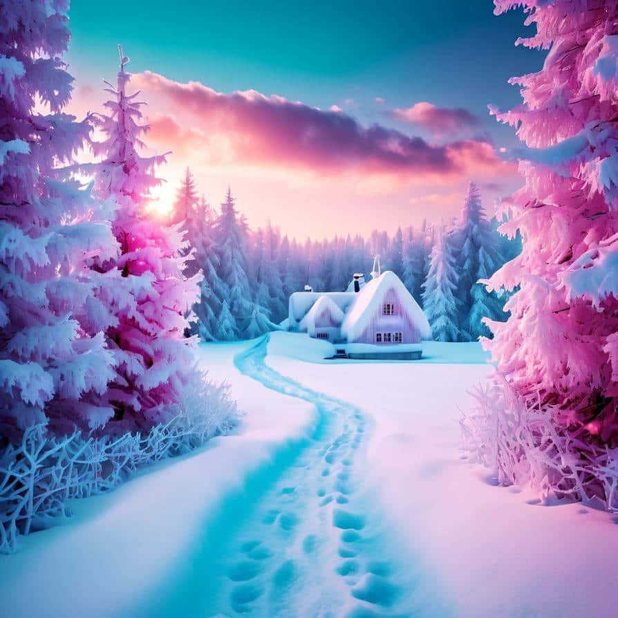 pink and blue twilight sky, snowy path, footprints, SD Desktop Wallpaper