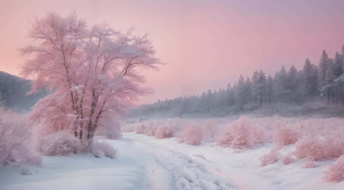 Pink Winter Landscape, snowy path, frost-covered forest, SD Desktop Wallpaper