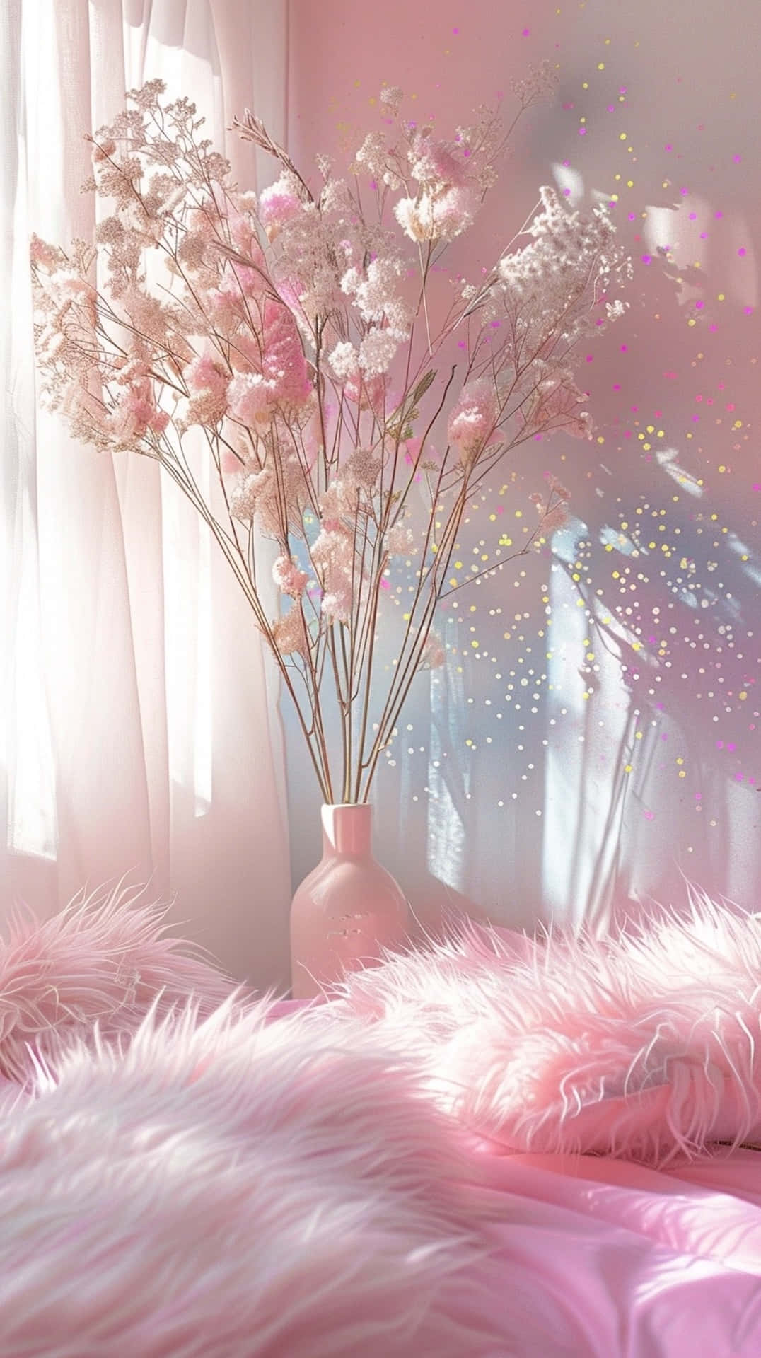 Pink Y2 K Aesthetic Room Decor, soft pink dried flowers, vase, Full HD Phone Wallpaper