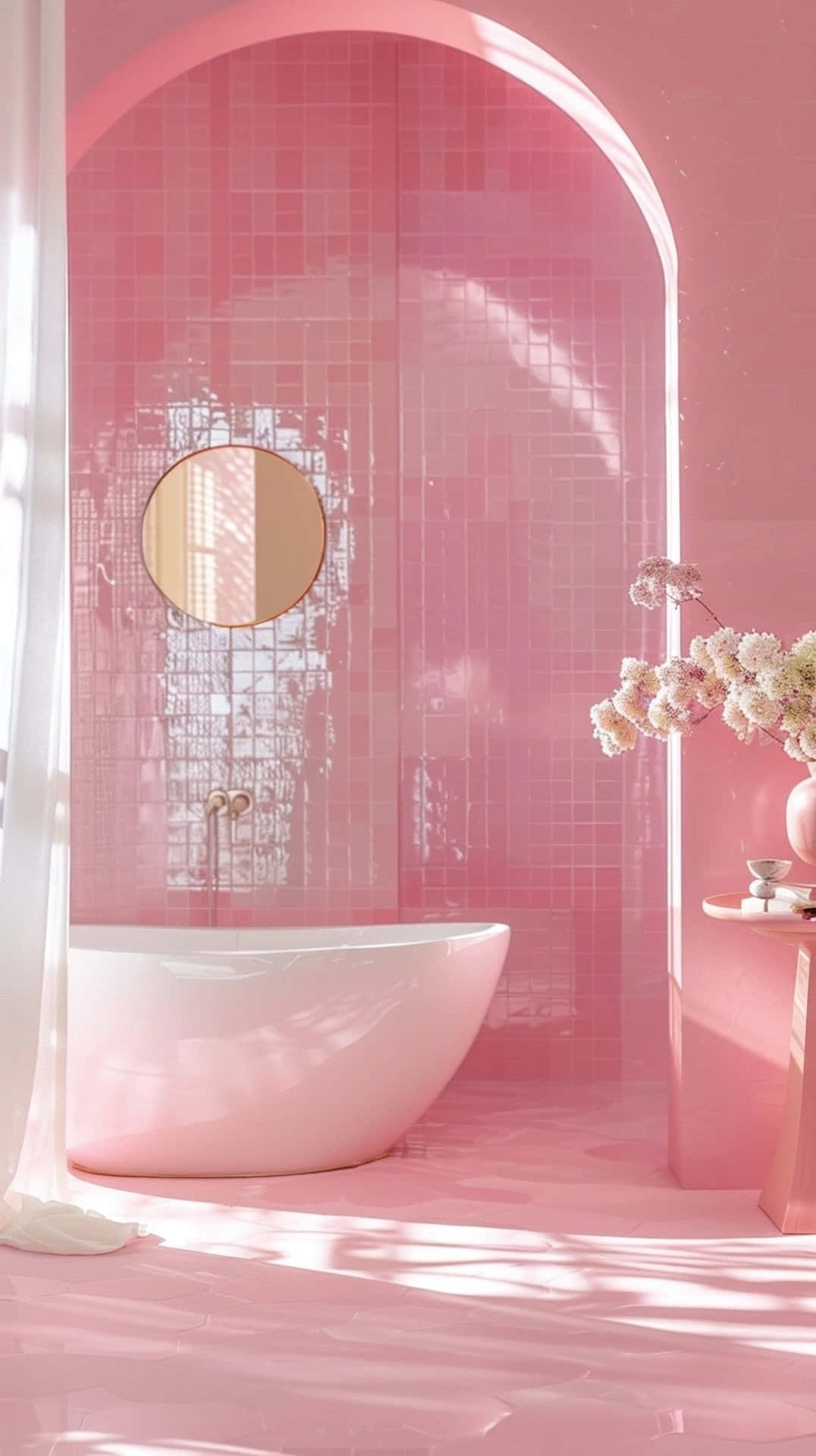 Pink Y2K aesthetic bathroom, freestanding tub, soft sunlight, Full HD Phone Wallpaper