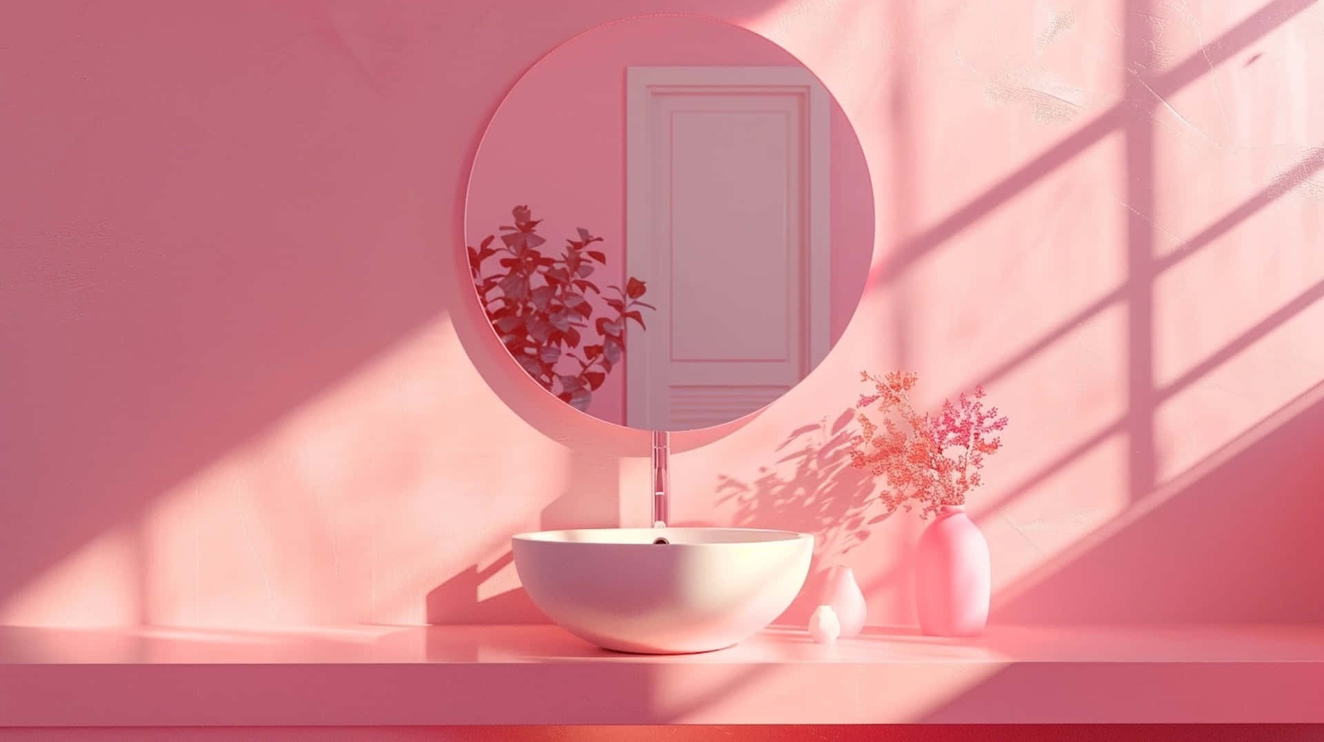 Pink Y2K, bathroom, round mirror, Full HD Desktop Wallpaper