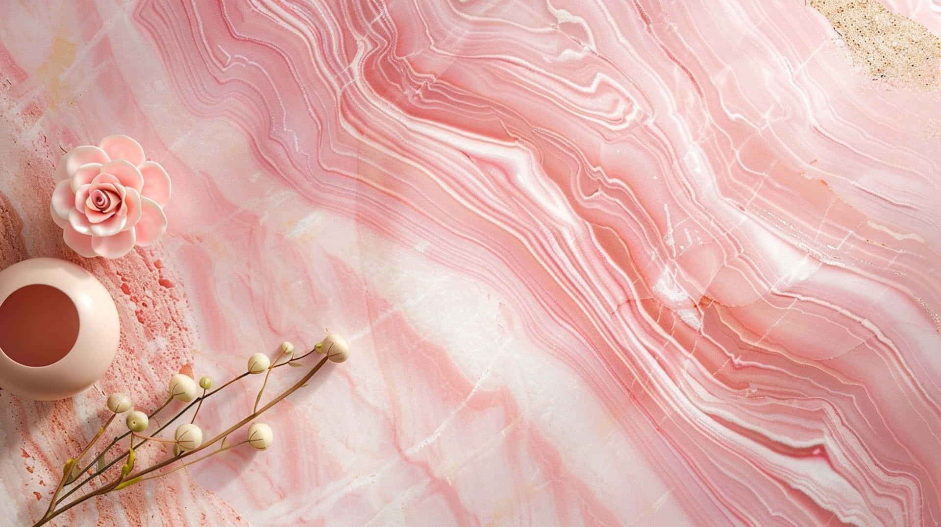 pink marble, white veins, pink rose, Full HD Desktop Wallpaper