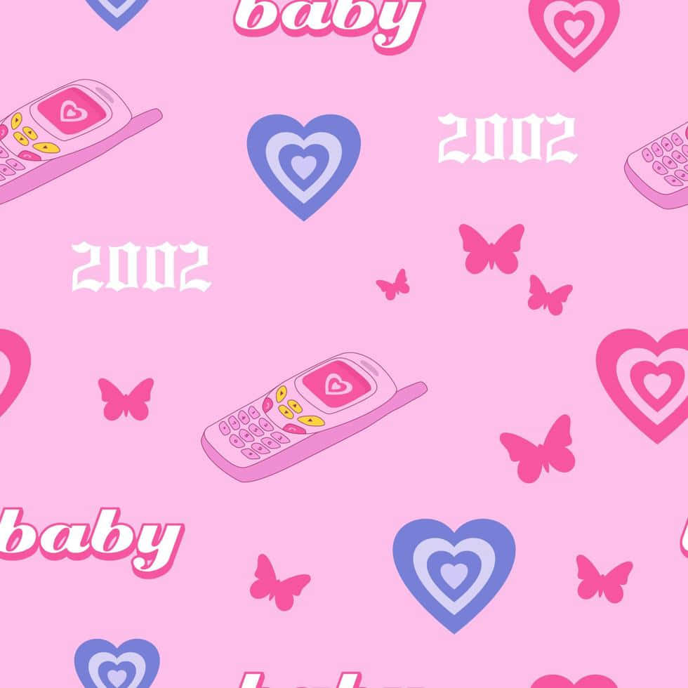 Pink Y2 K Aesthetic Pattern, 2002 flip phones, hearts, SD Desktop Wallpaper