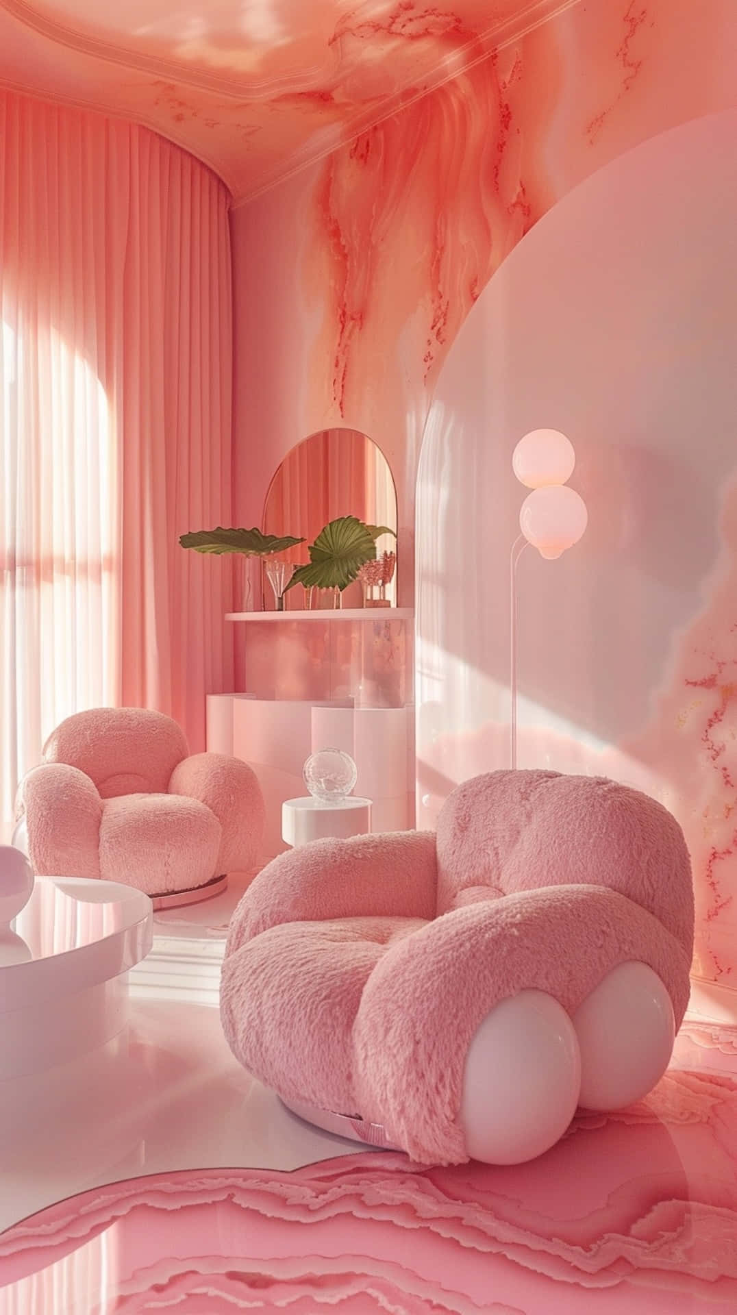 Pink Y2 K Aesthetic Room, surreal pink room, fluffy chairs, Full HD Phone Wallpaper