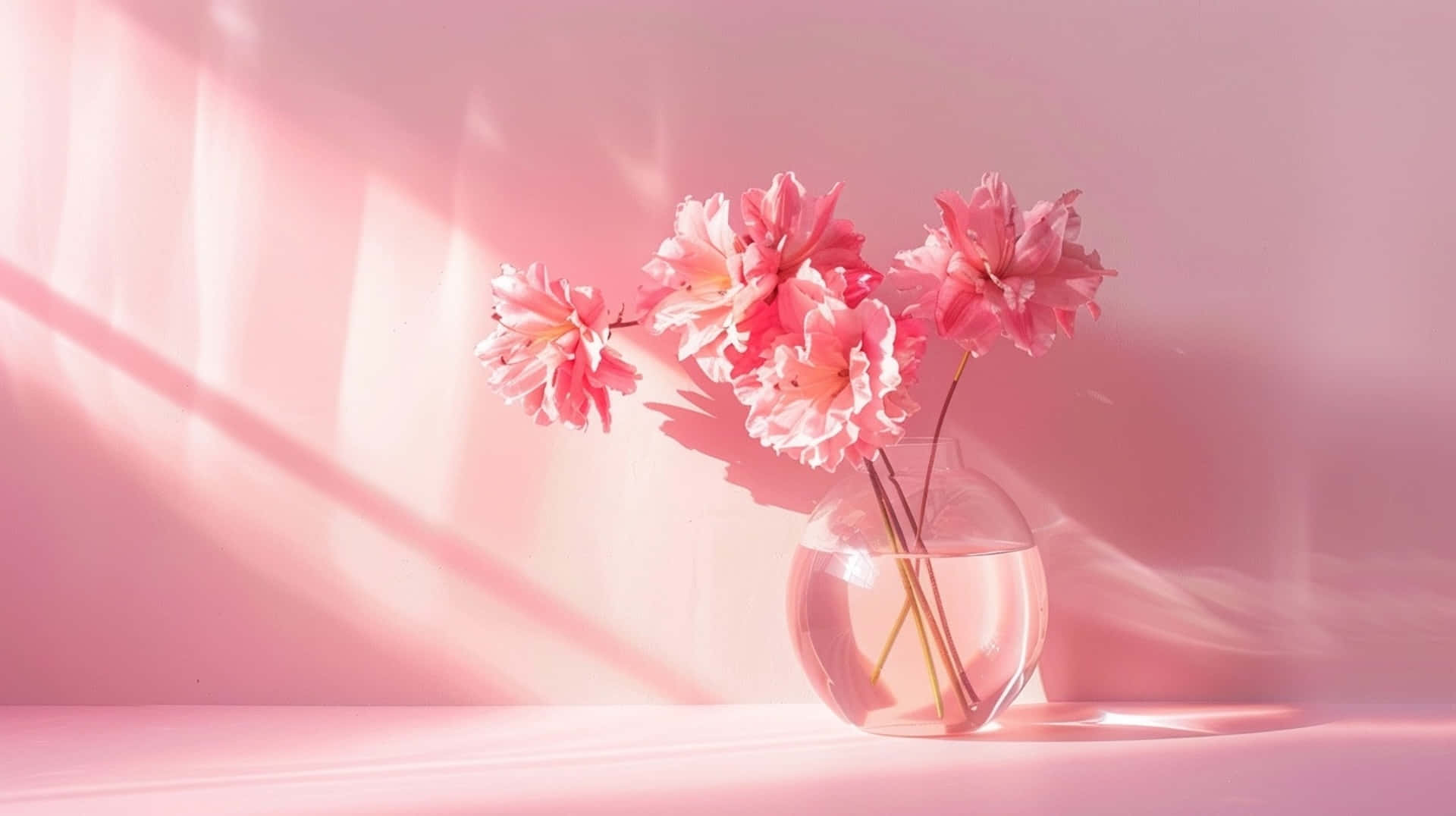 pink peonies, glass vase, pastel pink wall, Full HD Desktop Wallpaper