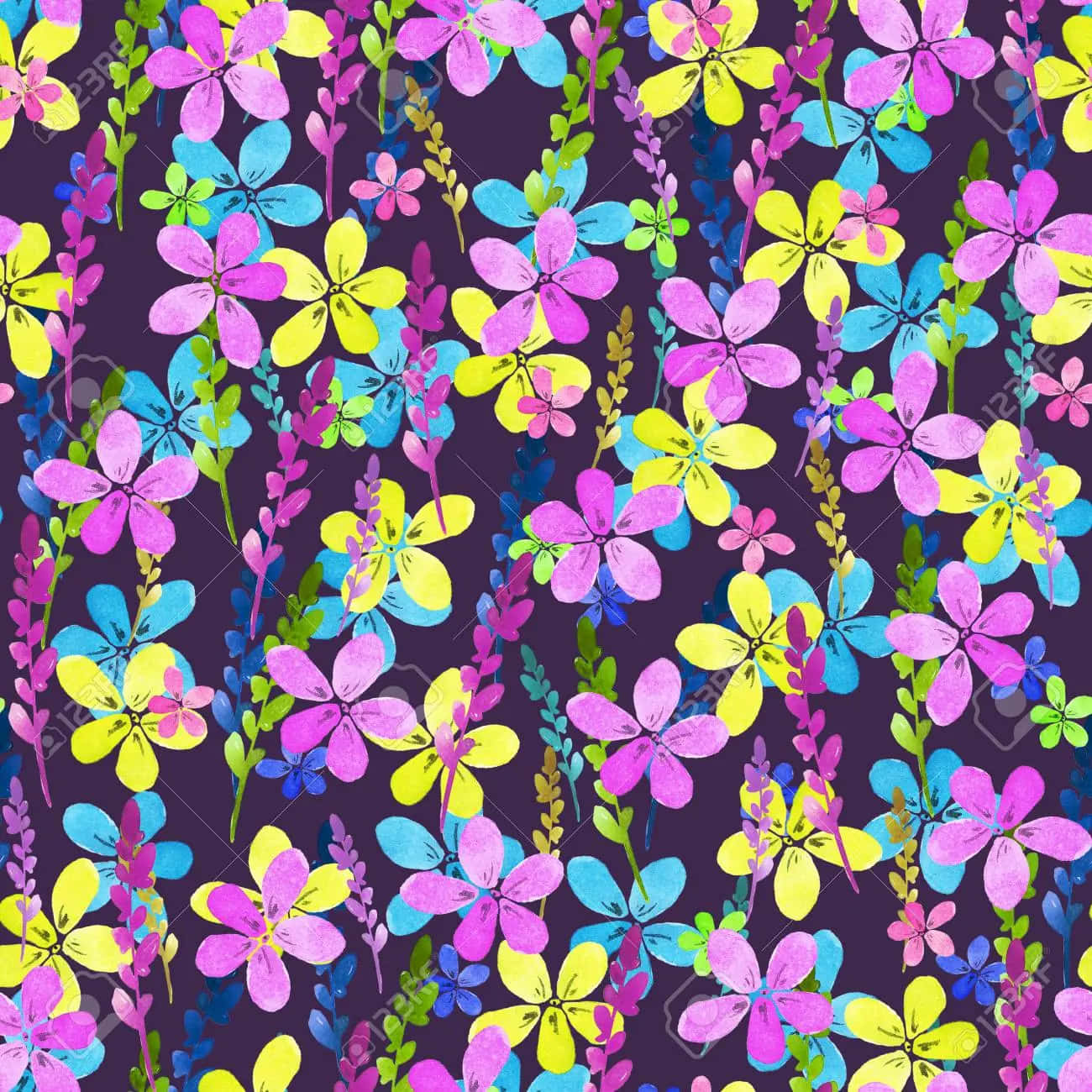 pink yellow and blue, vibrant watercolor flowers, dark purple background, HD Desktop Wallpaper