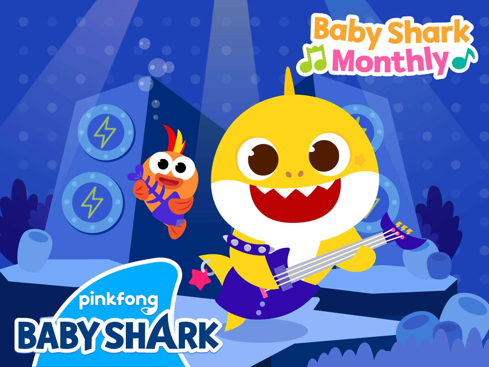 Pinkfong Baby Shark, guitar, blue underwater stage, HD Desktop Wallpaper