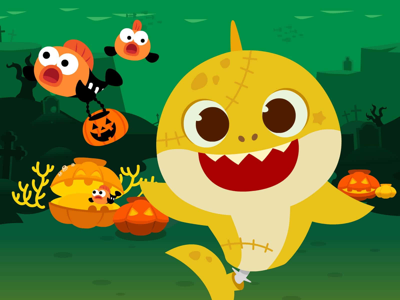 Pinkfong Baby Shark, Halloween Attire, yellow cartoon shark, HD Desktop Wallpaper