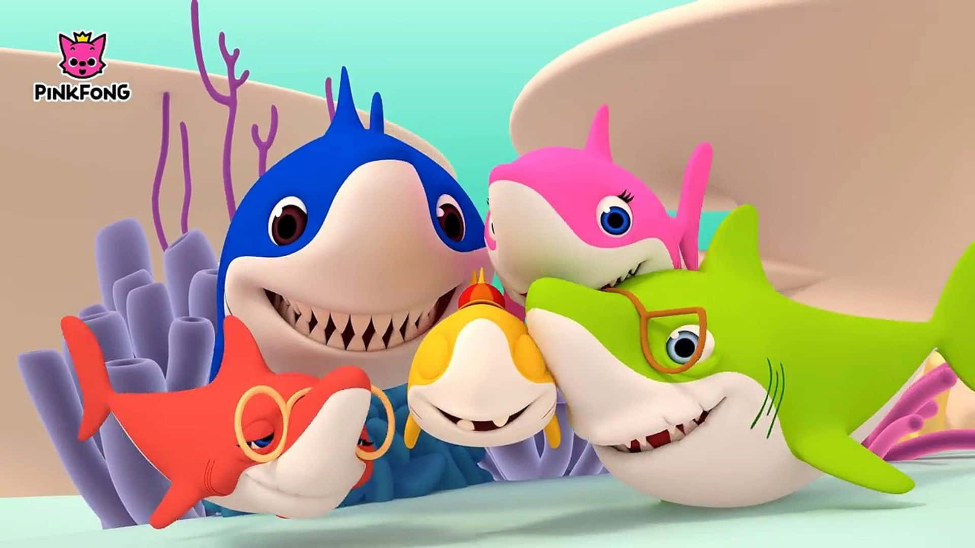 Pinkfong Baby Shark, family hugging, colorful cartoon sharks, Full HD Desktop Wallpaper