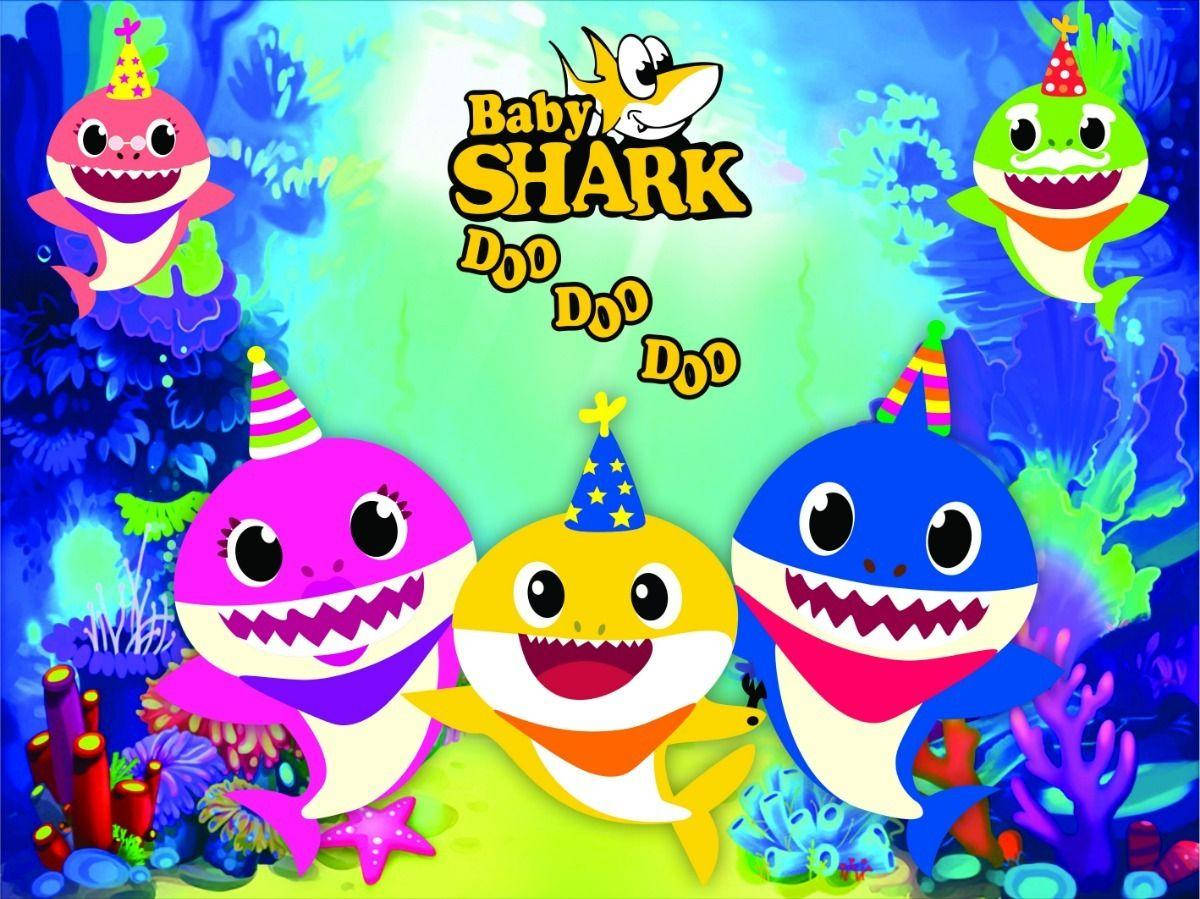 Pinkfong Baby Shark, colorful cartoon sharks, party hats, SD Desktop Wallpaper