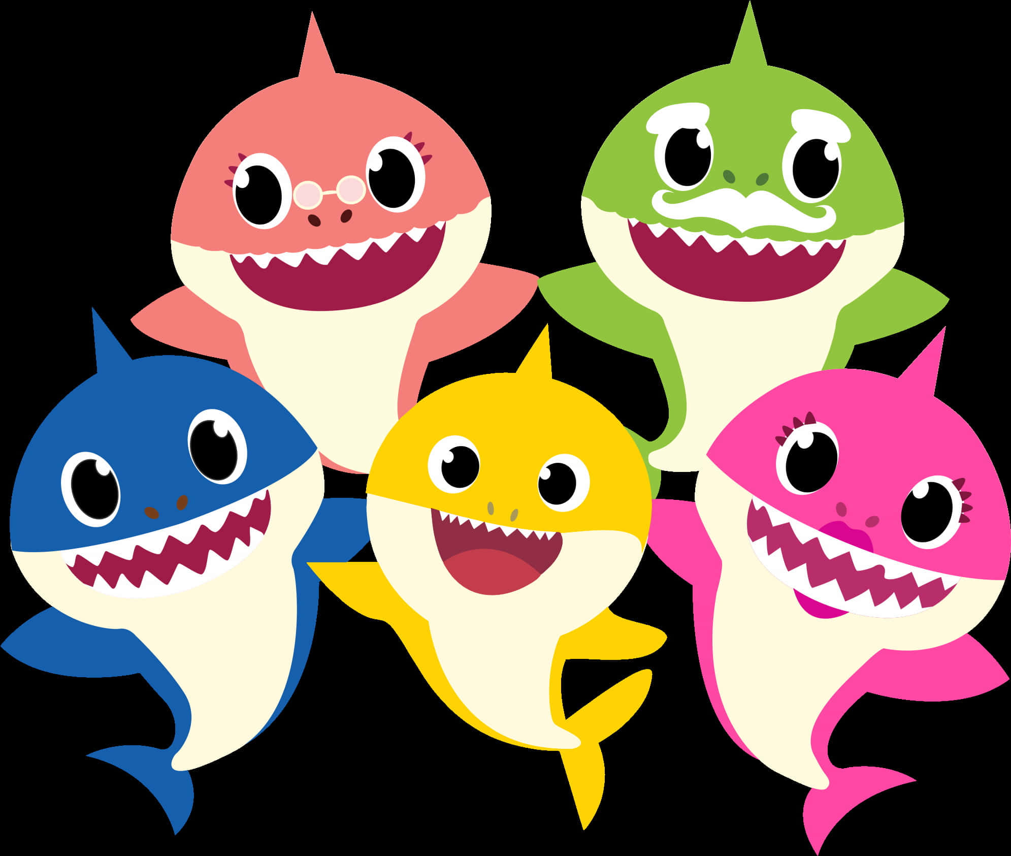 Pinkfong Baby Shark, family, black background, Full HD Desktop Wallpaper