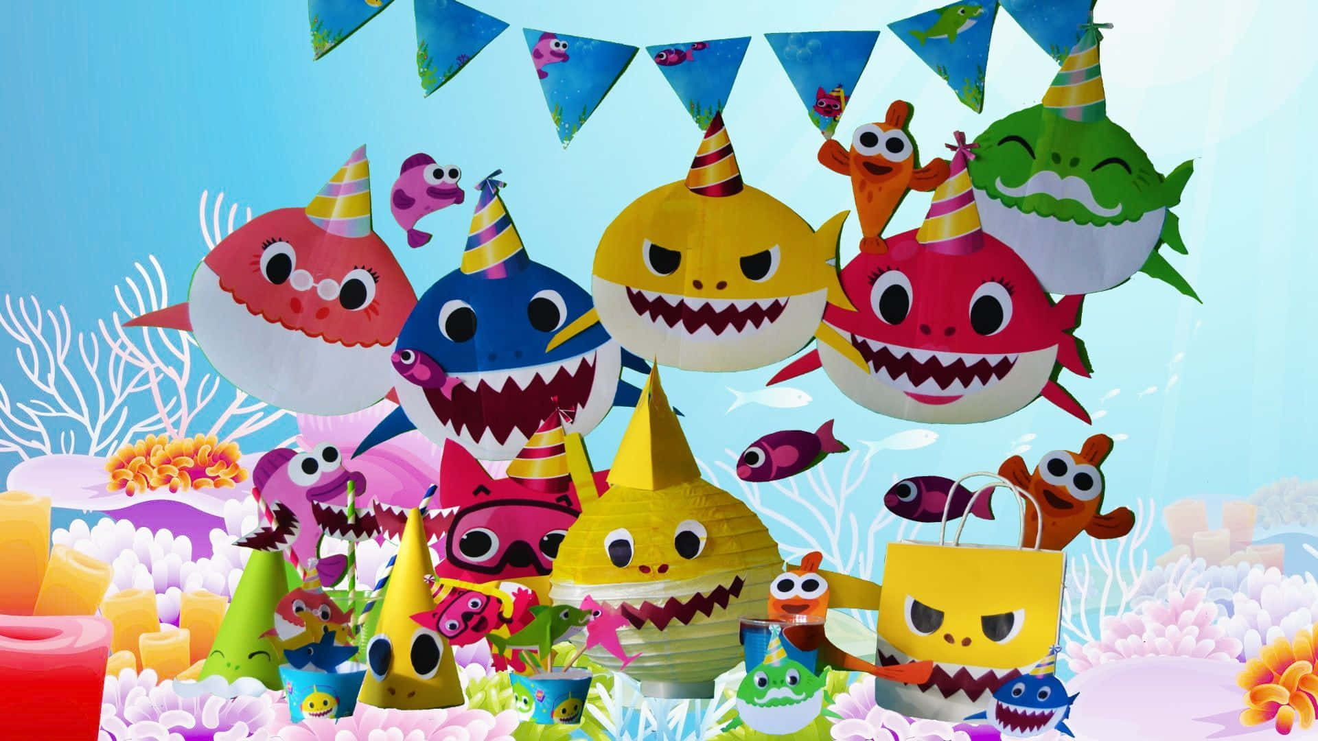 Pinkfong Baby Shark, party hats, underwater, Full HD Desktop Wallpaper