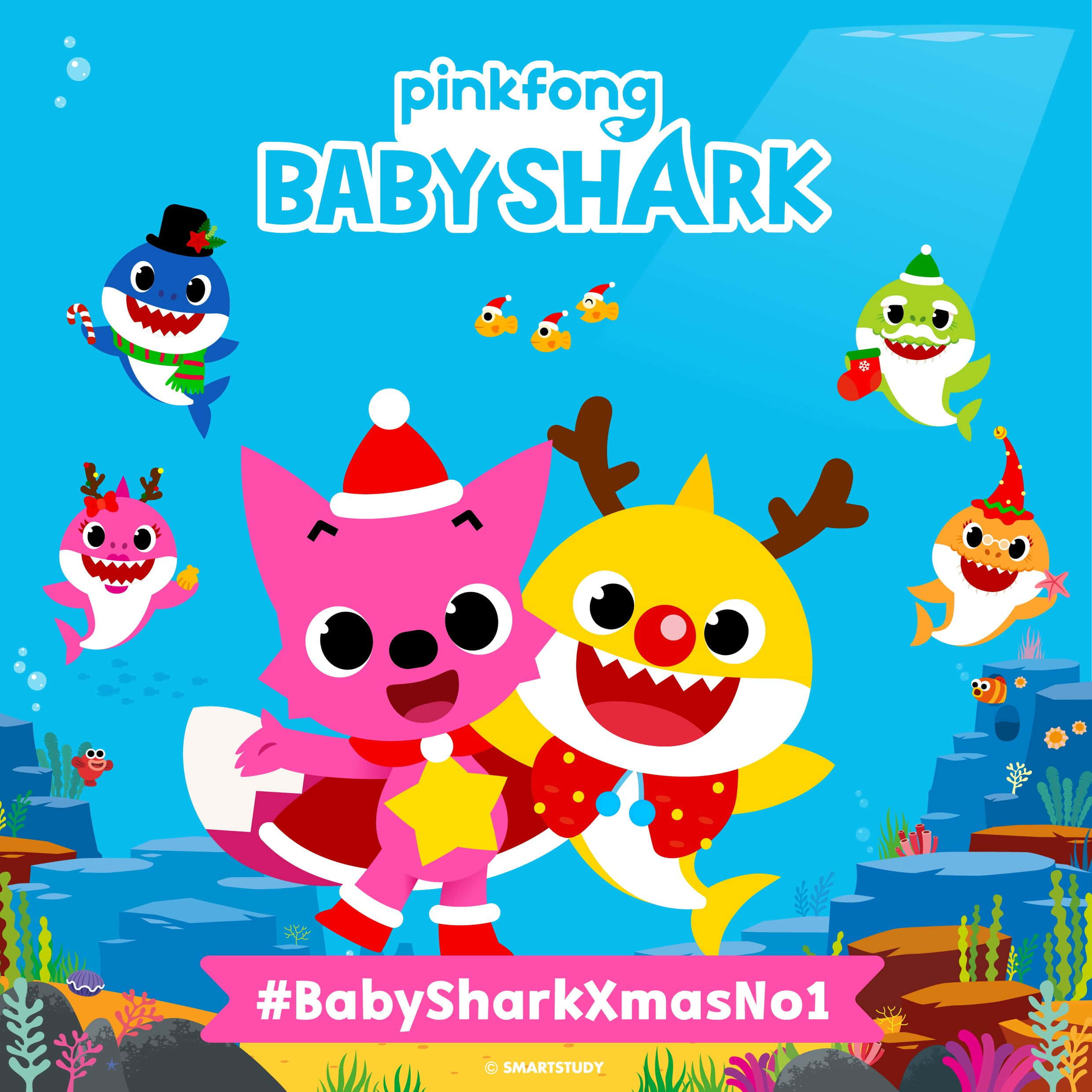 Pinkfong Baby Shark, Christmas Outfit, colorful cartoon sharks, Full HD Desktop Wallpaper