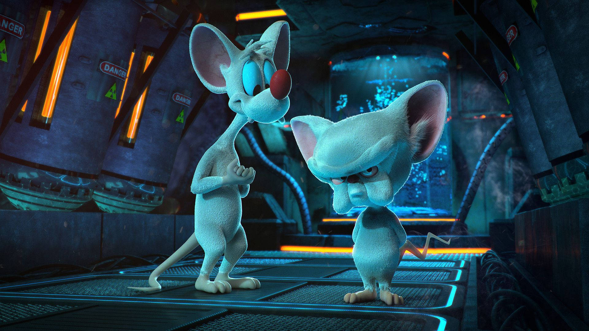 Pinky And The Brain, futuristic sci-fi lab, glowing orange lights, Full HD Desktop Wallpaper