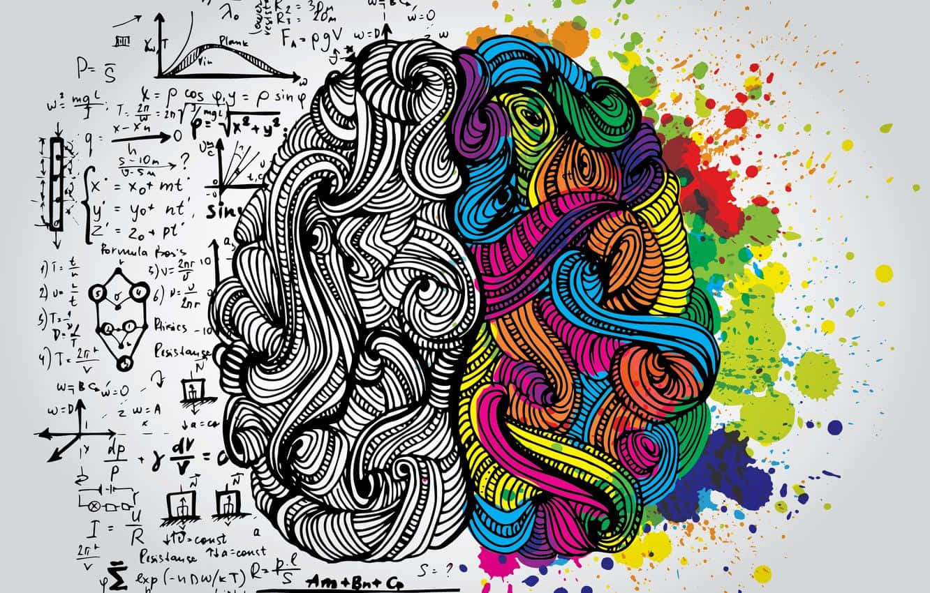 Brain, rainbow swirls, physics equations, HD Desktop Wallpaper