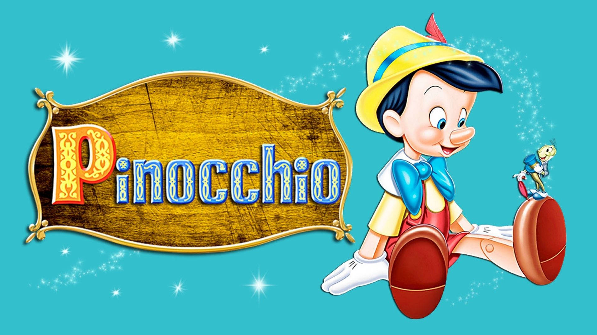 Pinocchio, golden sign, teal background, Full HD Desktop Wallpaper