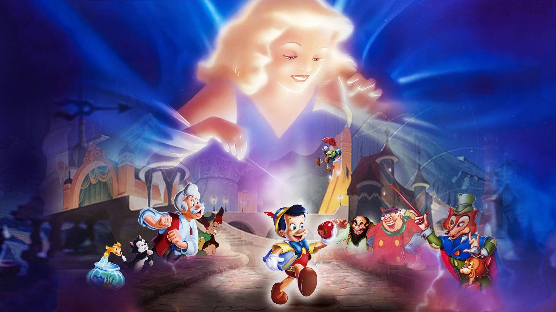 Pinocchio, fairy godmother, cobblestone street, Full HD Desktop Wallpaper