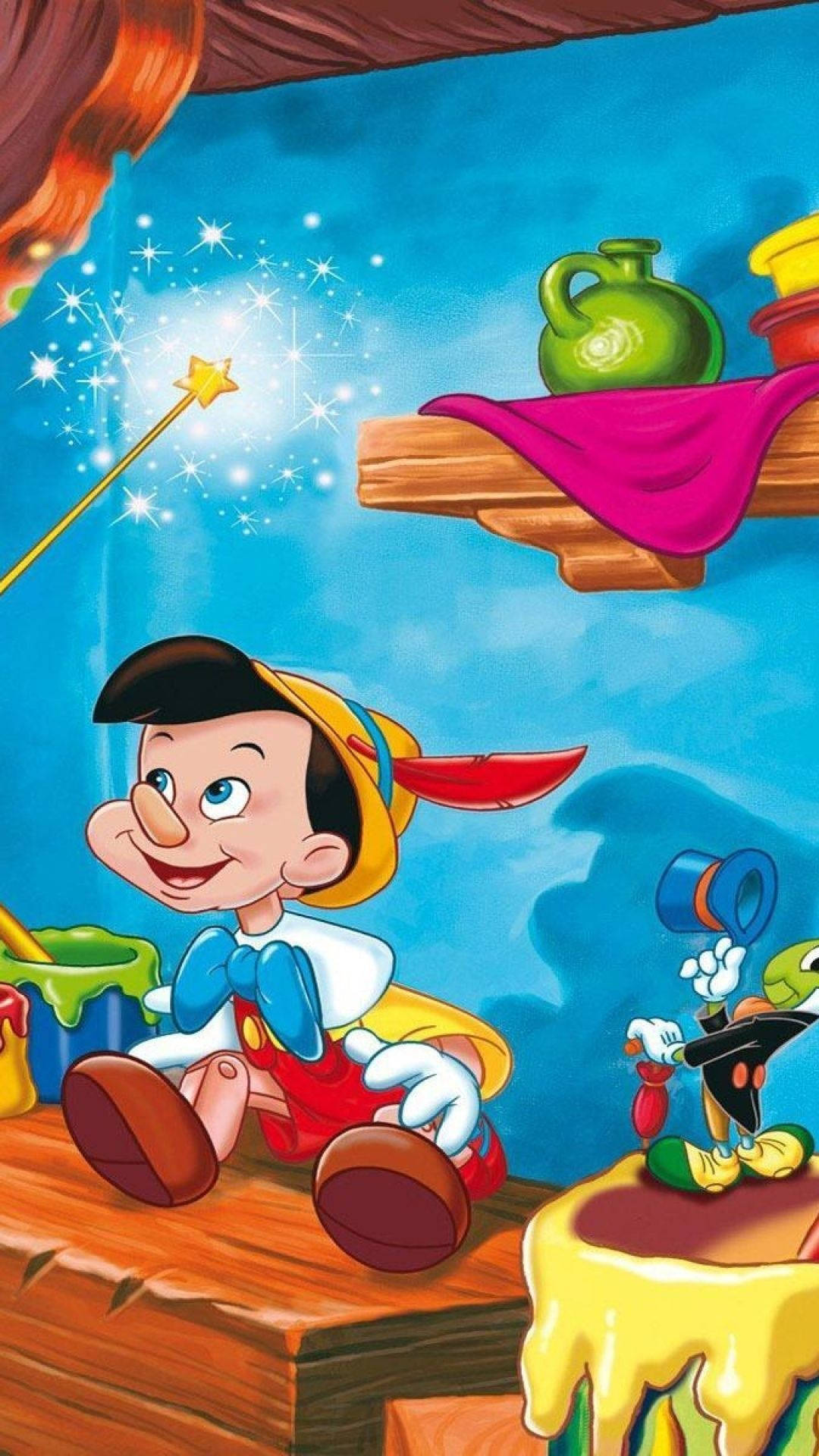 Pinocchio, magic star wand, colorful workshop, Full HD Phone Wallpaper