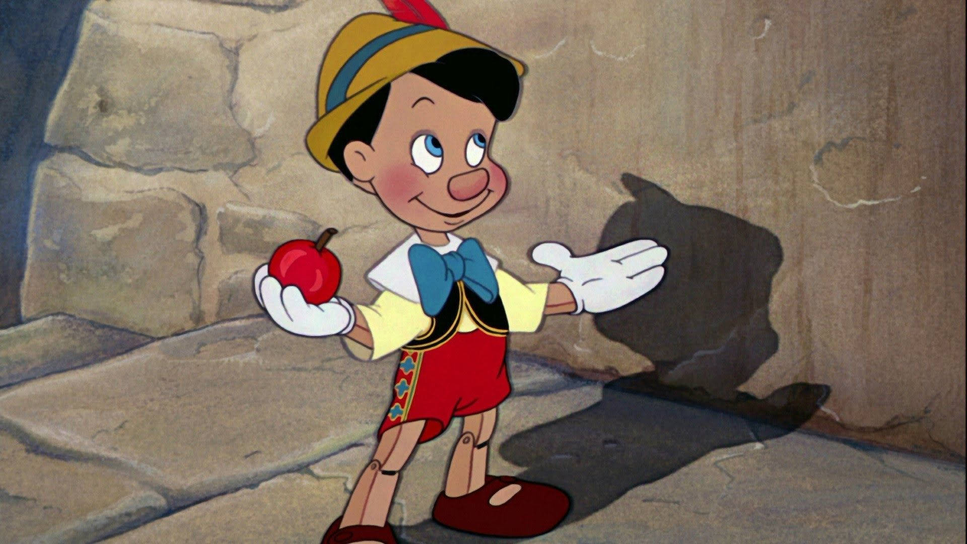 Pinocchio, red apple, stone wall, Full HD Desktop Wallpaper