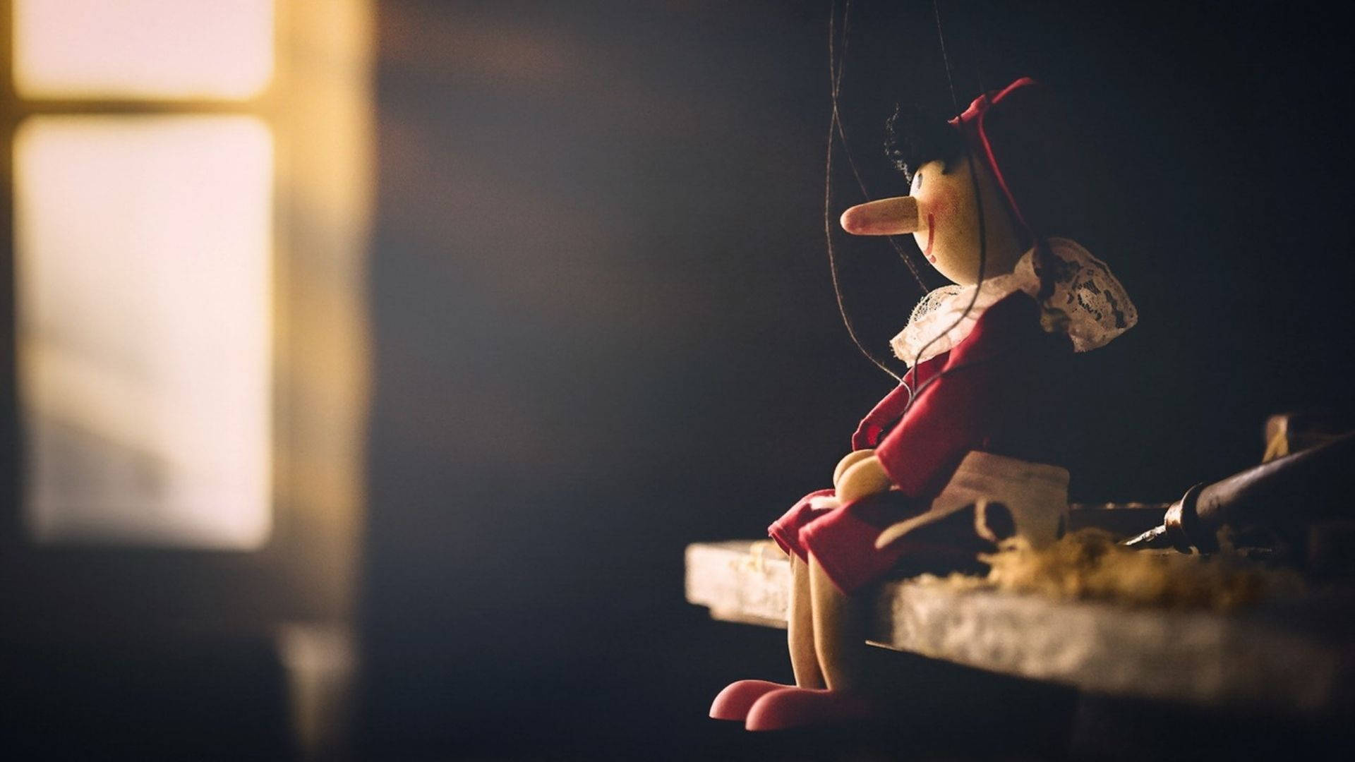 Pinocchio, vintage wooden puppet, red dress, Full HD Desktop Wallpaper