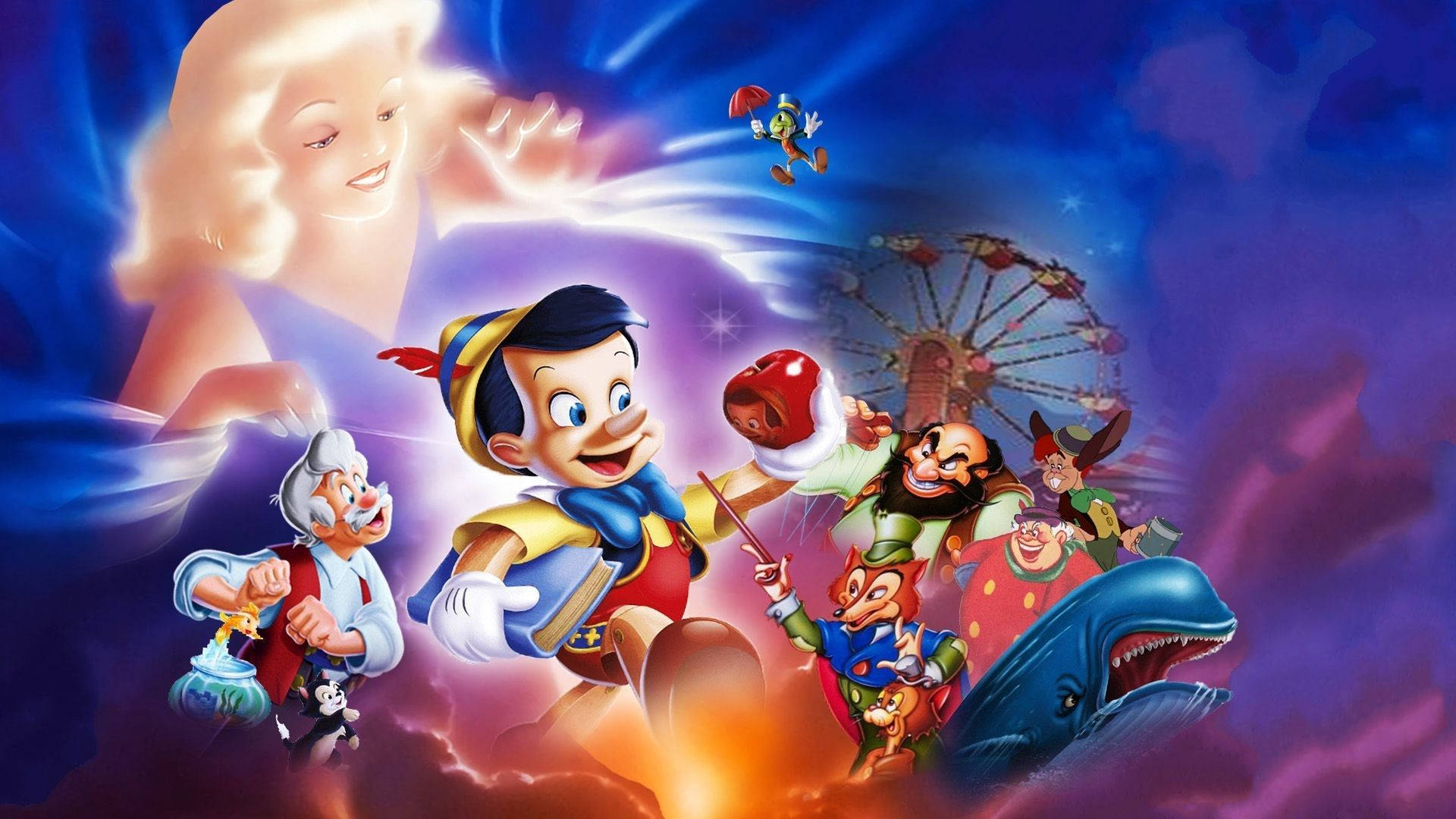 Pinocchio, glowing fairy, whale, Full HD Desktop Wallpaper